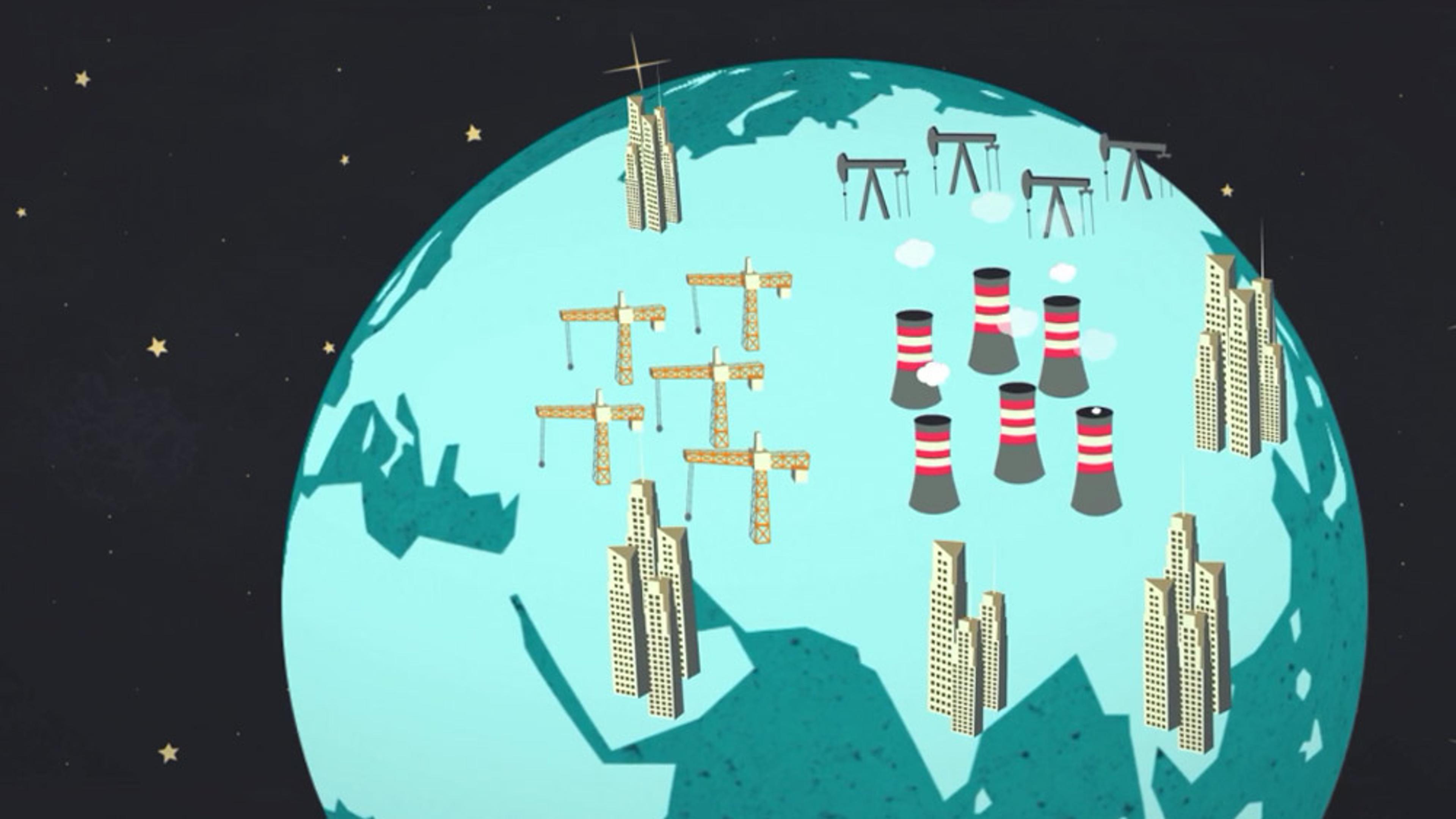 Illustration of Earth with buildings, cranes, oil pumps and power plants, space background with stars, highlighting industrialisation.
