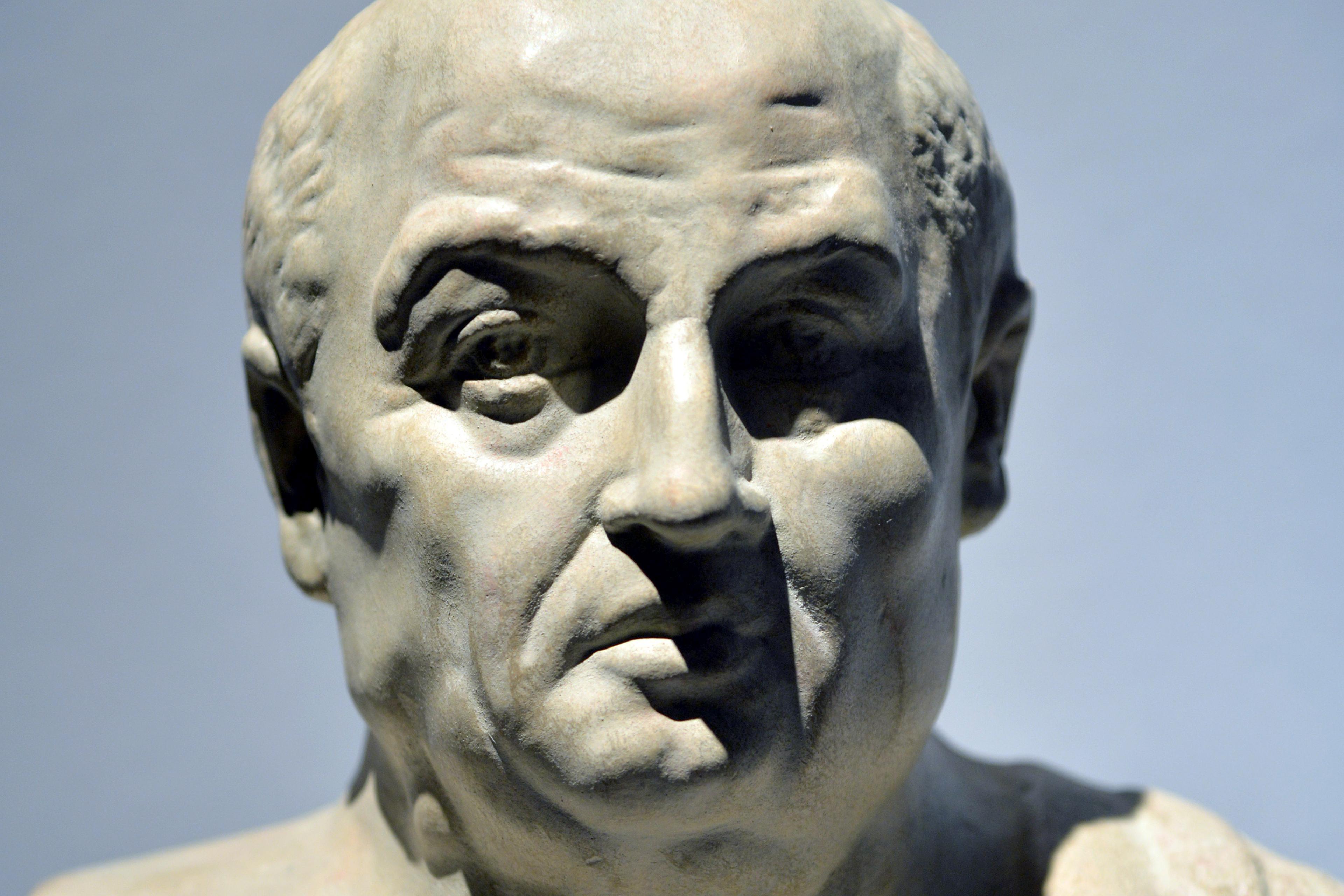 Bust of a man in marble against a plain background, showcasing detailed facial features and draped garment; sculpture.