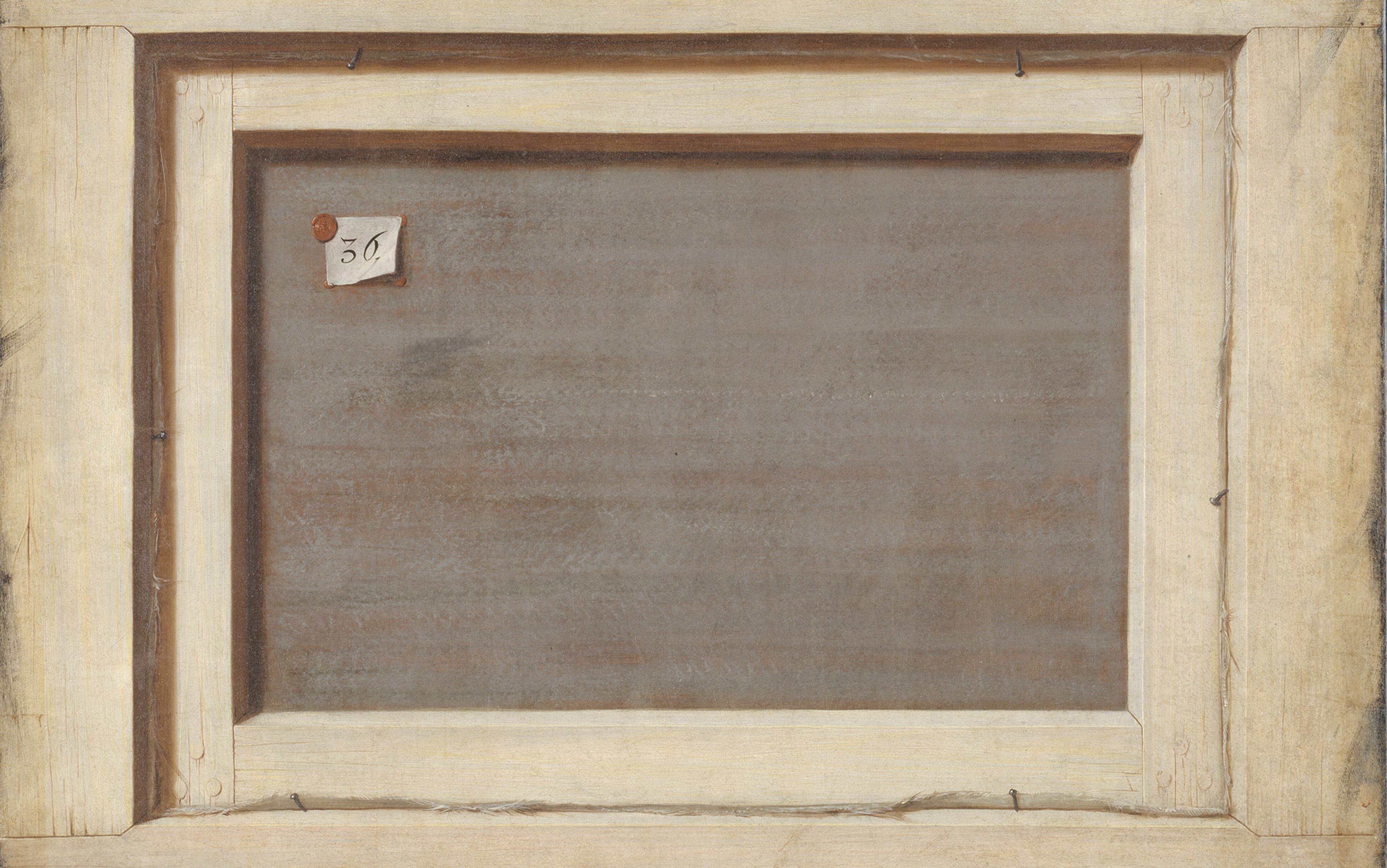 A painting of the back of a framed artwork with an attached small paper labelled ‘36’. The wood shows some nails and slight wear.