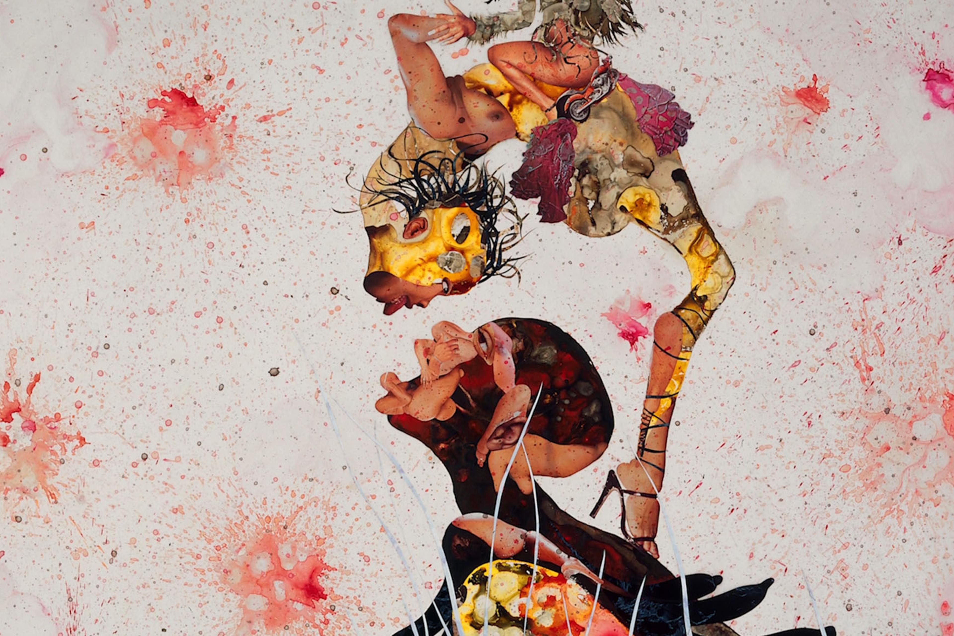 Abstract artwork depicting two distorted human figures with splashes of red and pink on a white background.