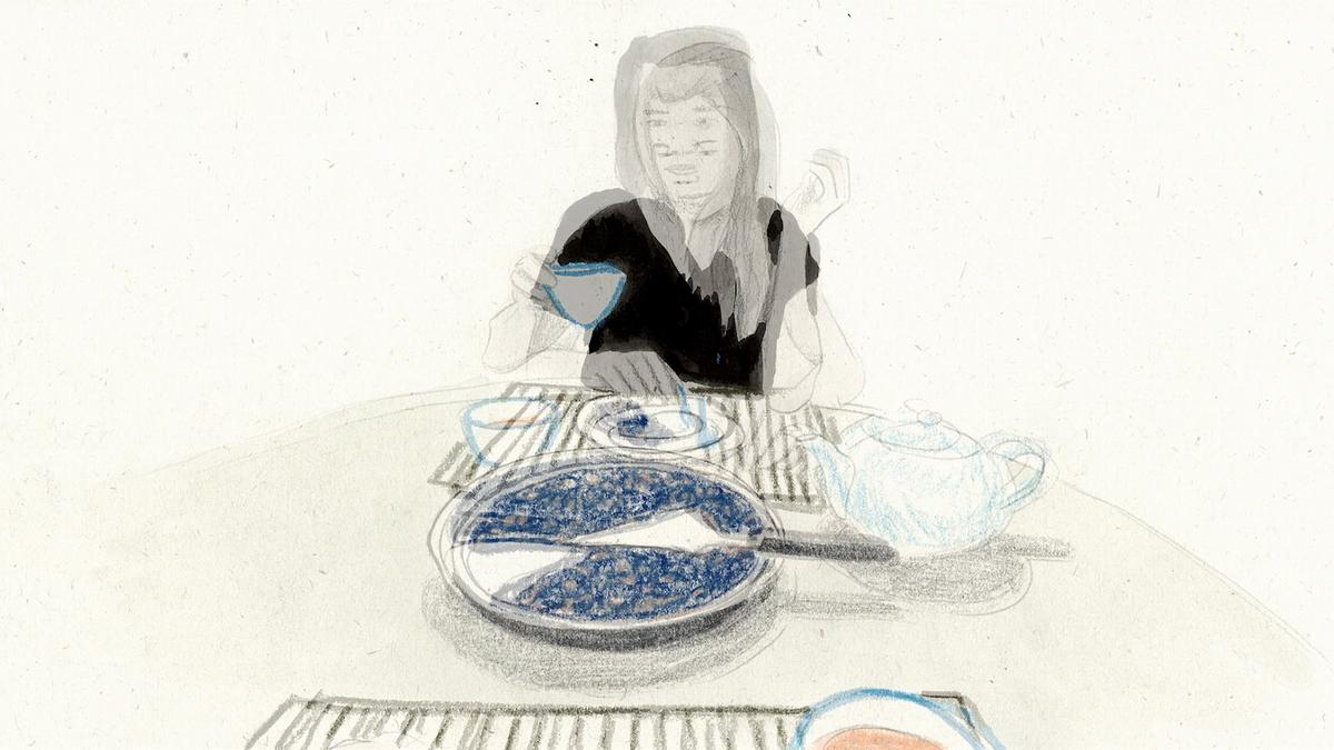 Sketch of a person at a table with a teapot, holding a cup, a plate with food in front, minimalistic and light colours.