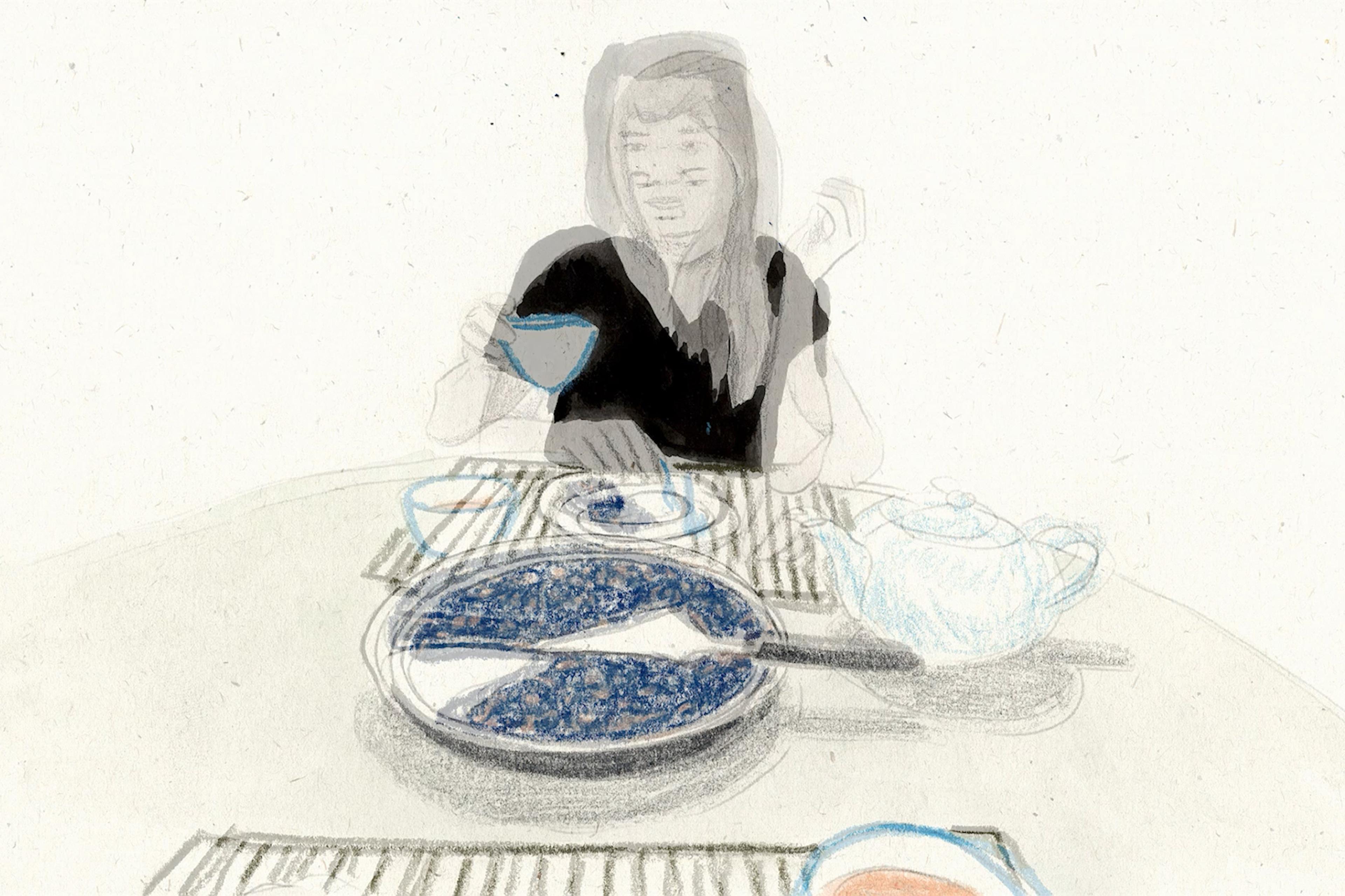 Sketch of a person at a table with a teapot, holding a cup, a plate with food in front, minimalistic and light colours.