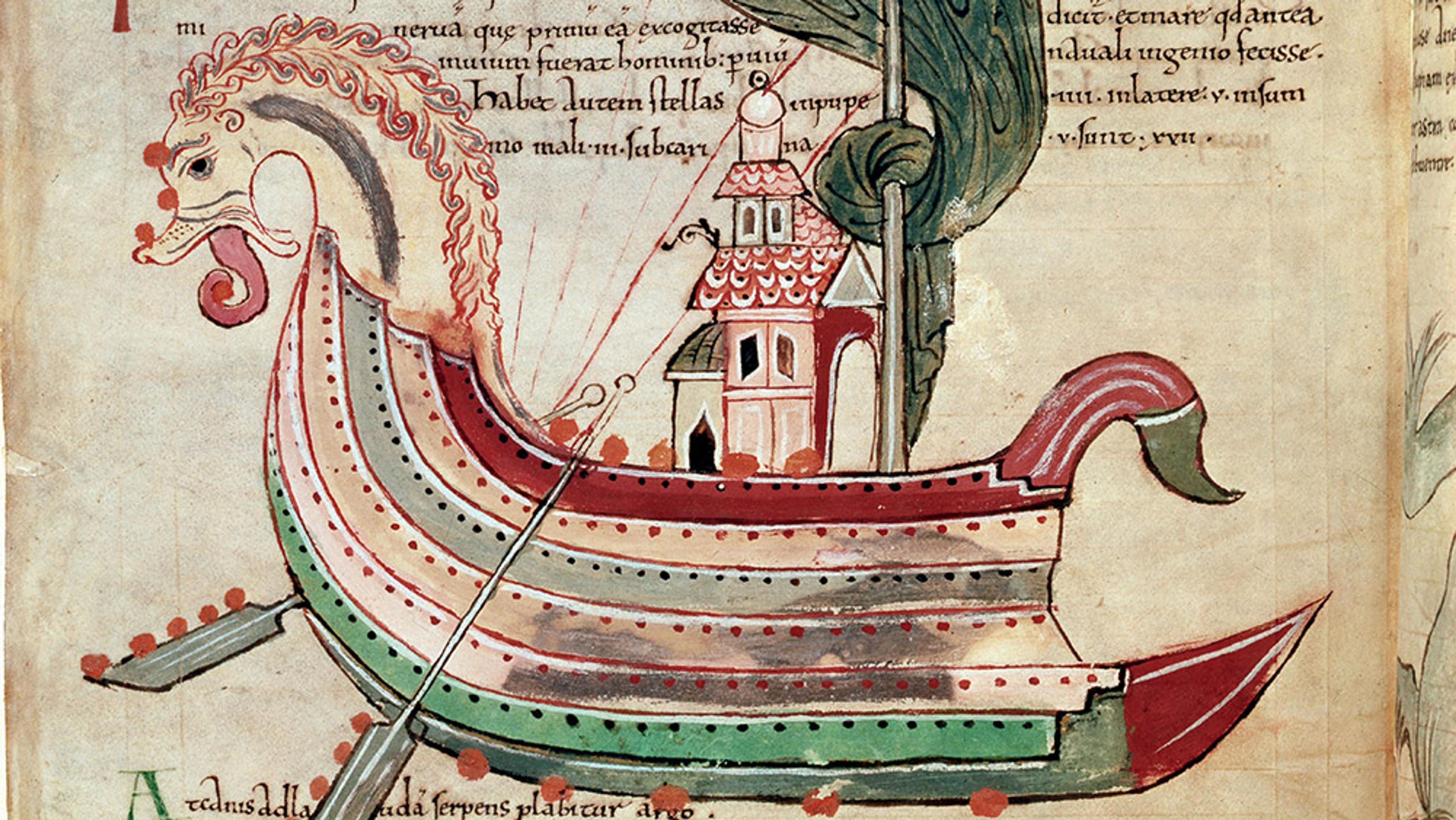 Medieval manuscript painting of a colourful ship with a dragon-shaped prow and a small building on its deck, text in Latin in background.