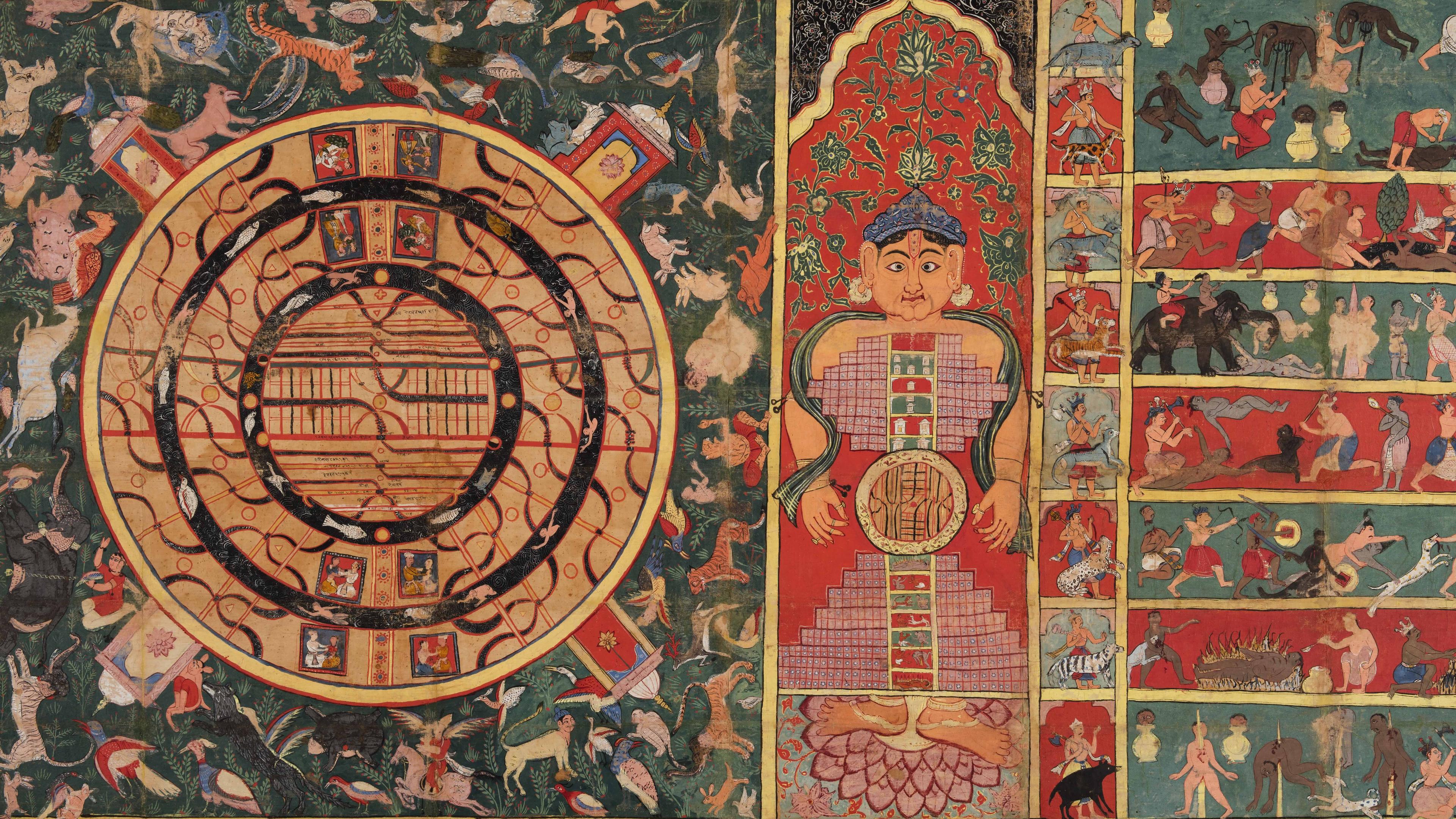 A painting depicting a cosmological diagram with an abstract human figure and various mythical creatures.