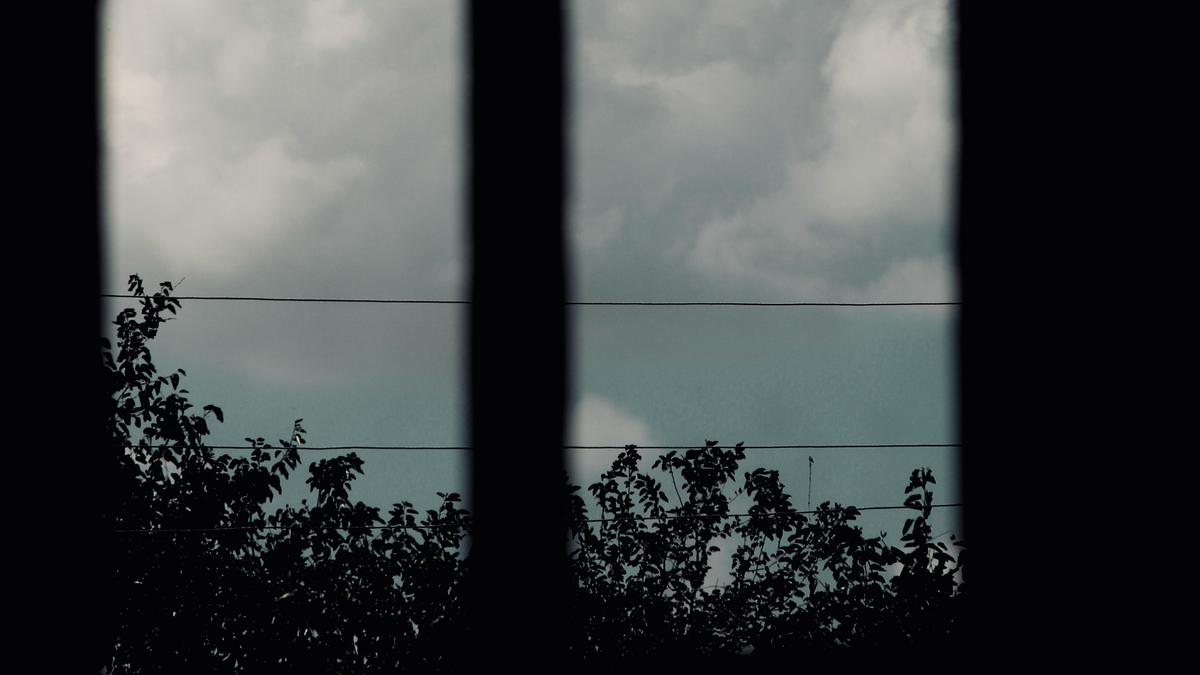 Photo of a large cloud viewed through a window framed by silhouetted trees and power lines.