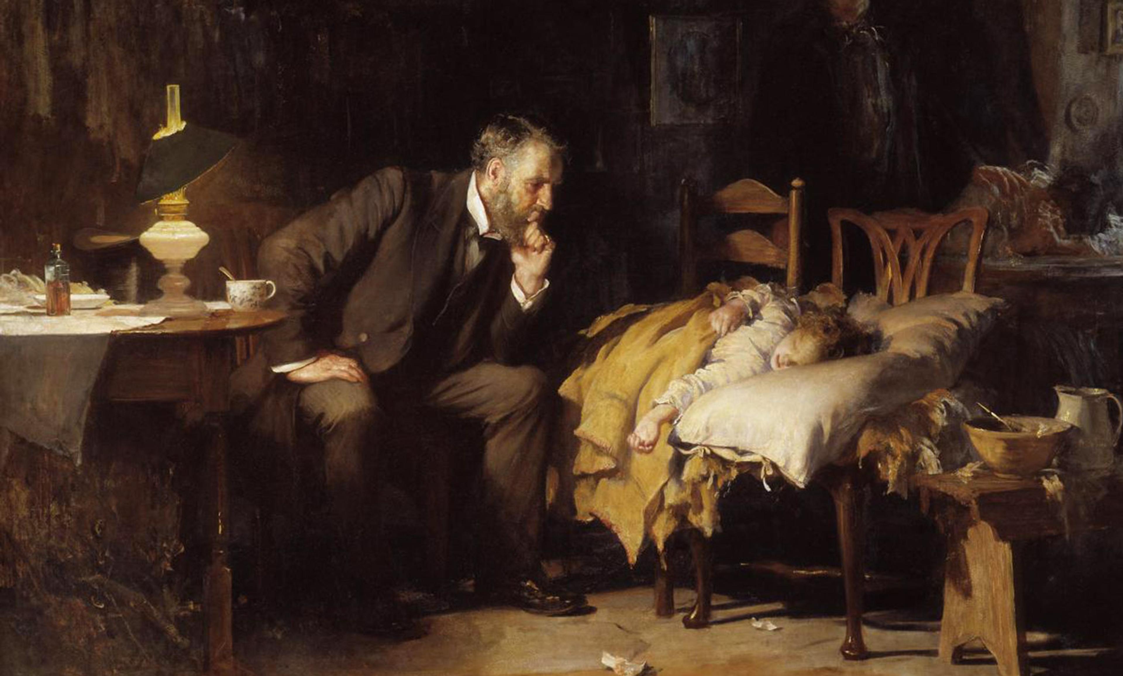 A historic painting of a doctor sitting beside a sick child lying on a bed. A lamp, medicine and cup are on a table in the dimly lit room.