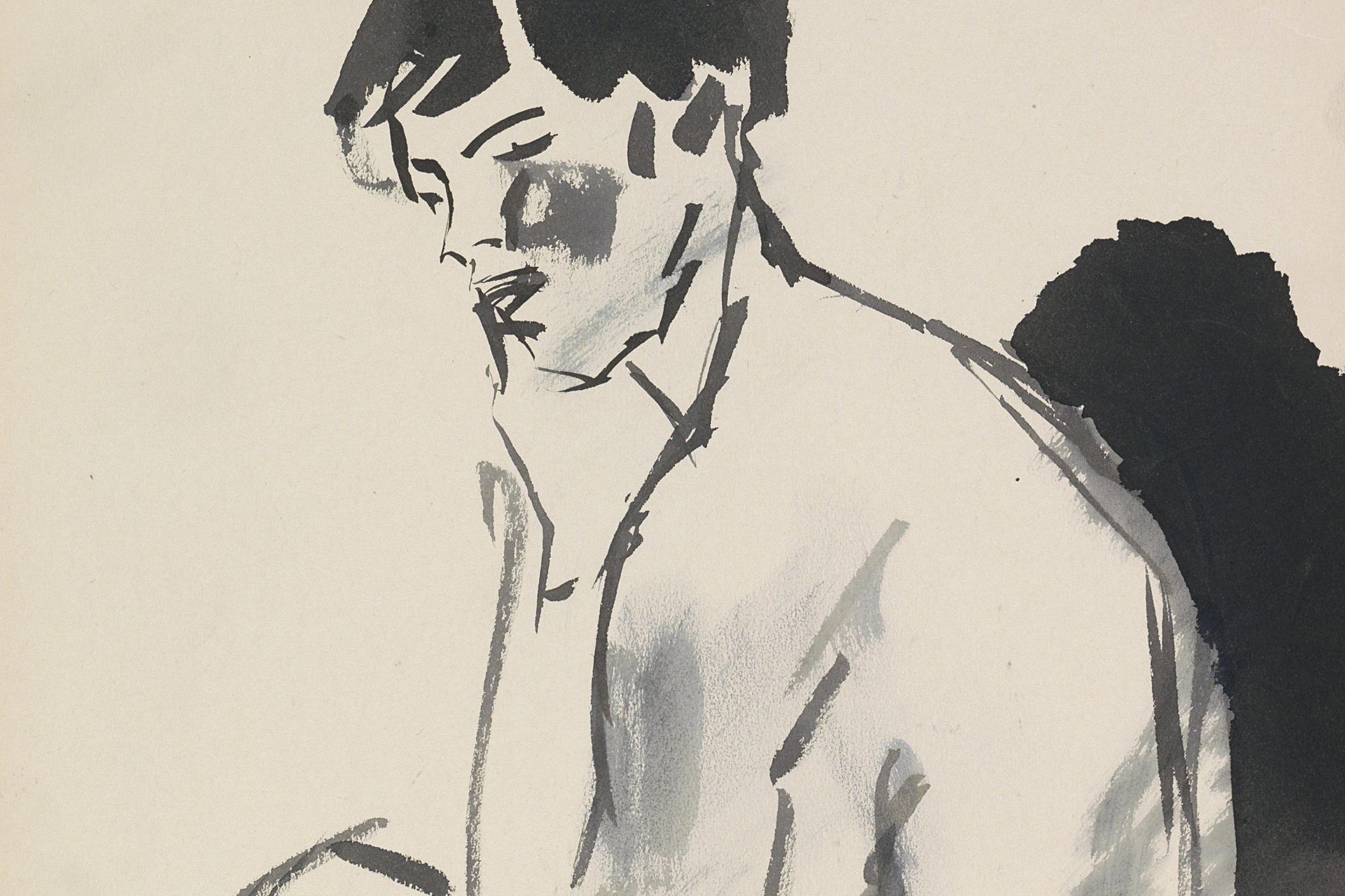 Abstract black and grey watercolour painting of a contemplative person sitting against a white background.