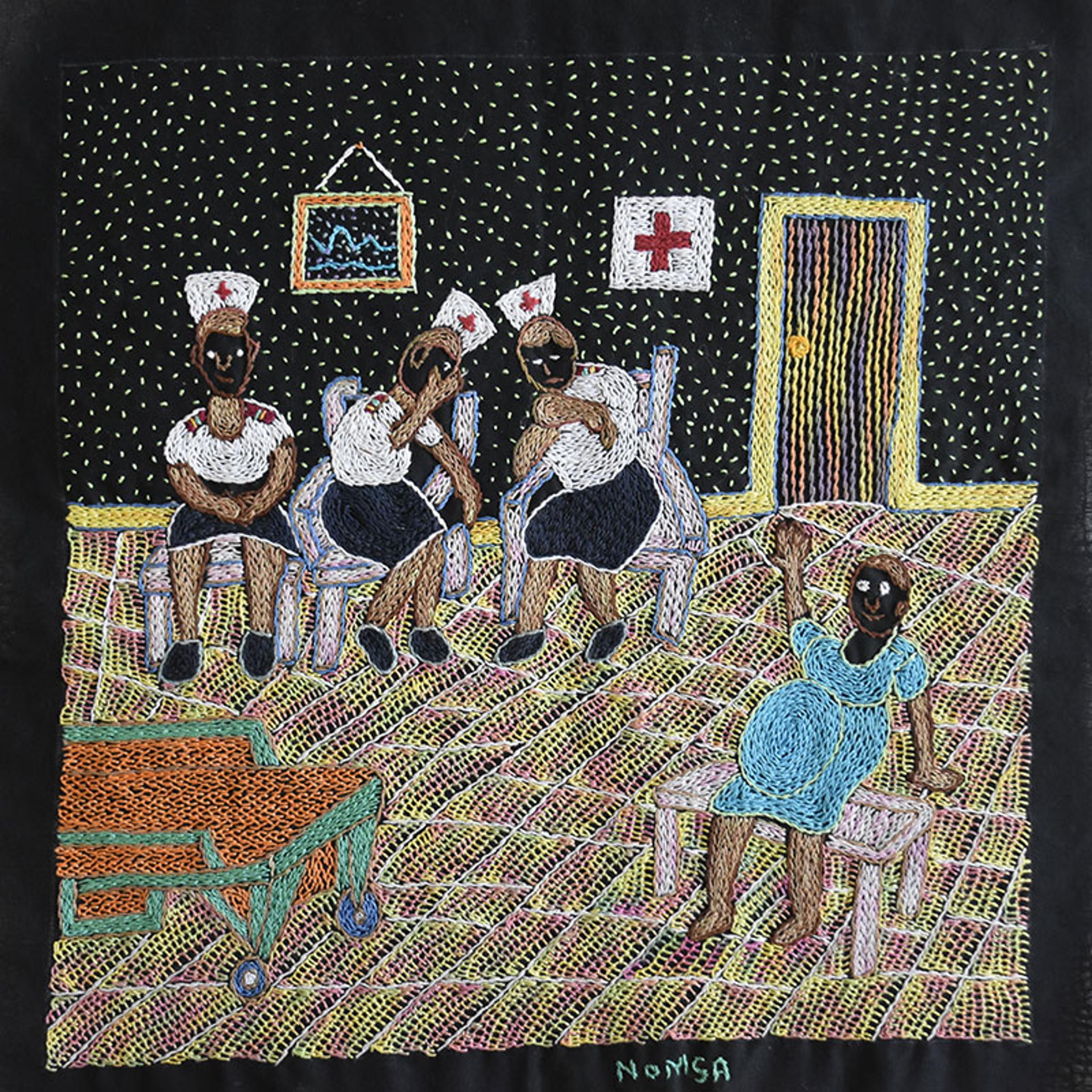 Embroidered artwork depicting three nurses talking to each other while a pregnant woman calls out for help.
