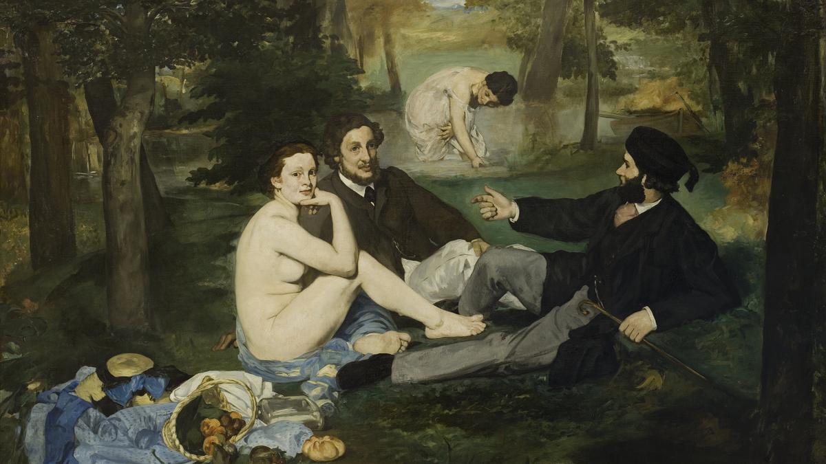 Painting of two clothed men and a naked woman picnicking in a forest, with another woman in the background near a pond.