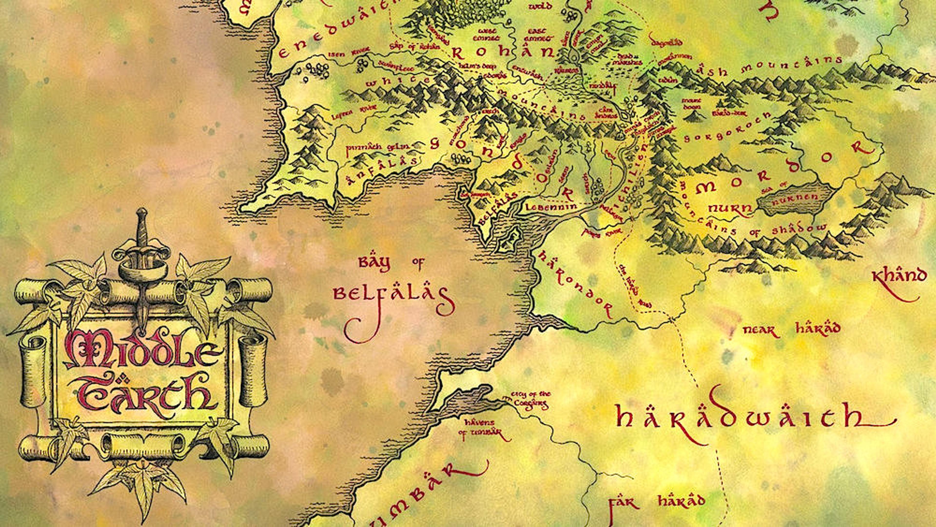 A stylised map of Middle-Earth from J.R.R. Tolkien’s fictional world, showing regions such as Rohan, Mordor, and Haradwaith.