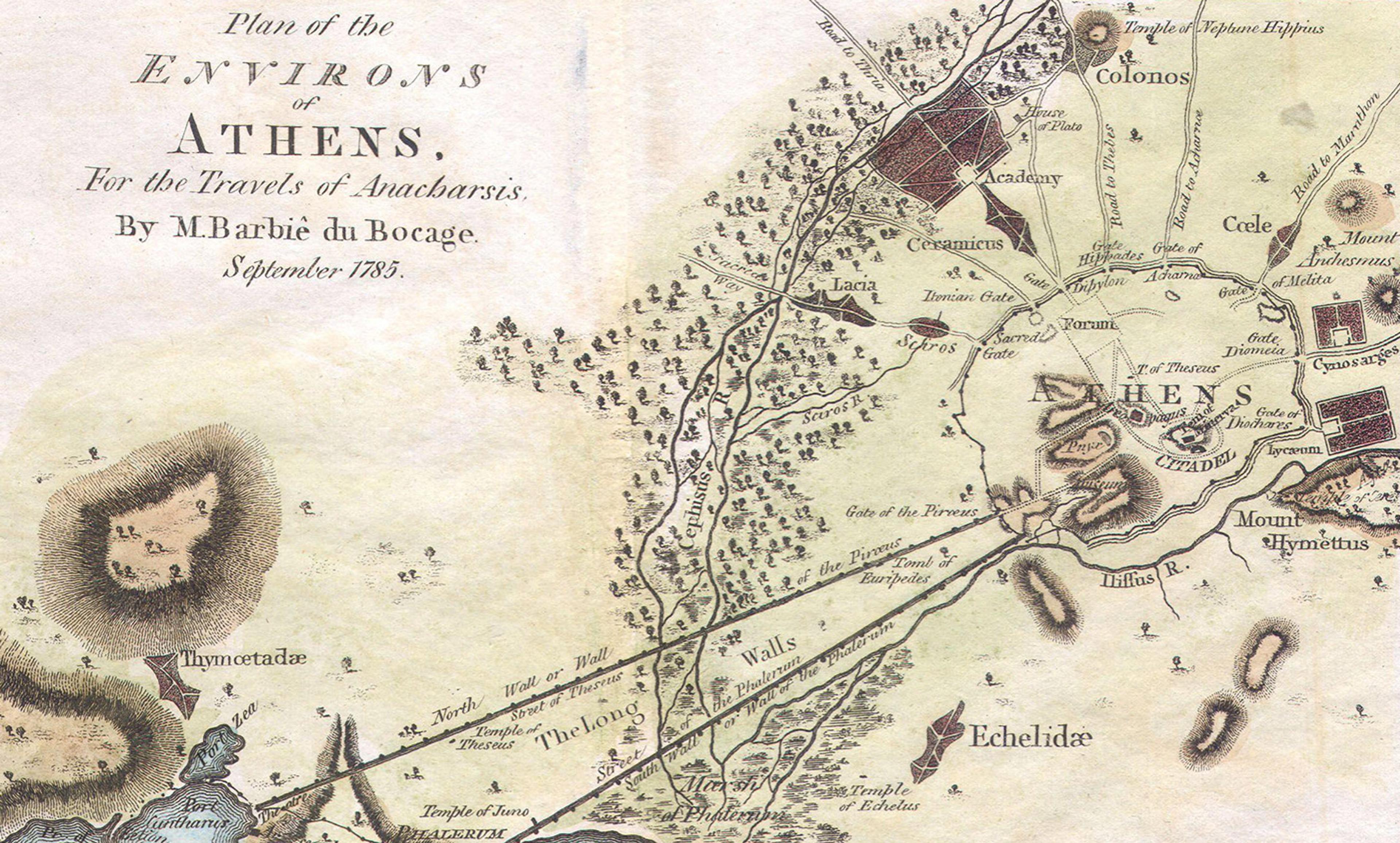 <p>Detail from the Bocage map of 1784 depicting Ancient Athens. <em>Photo courtesy Wikipedia</em></p>