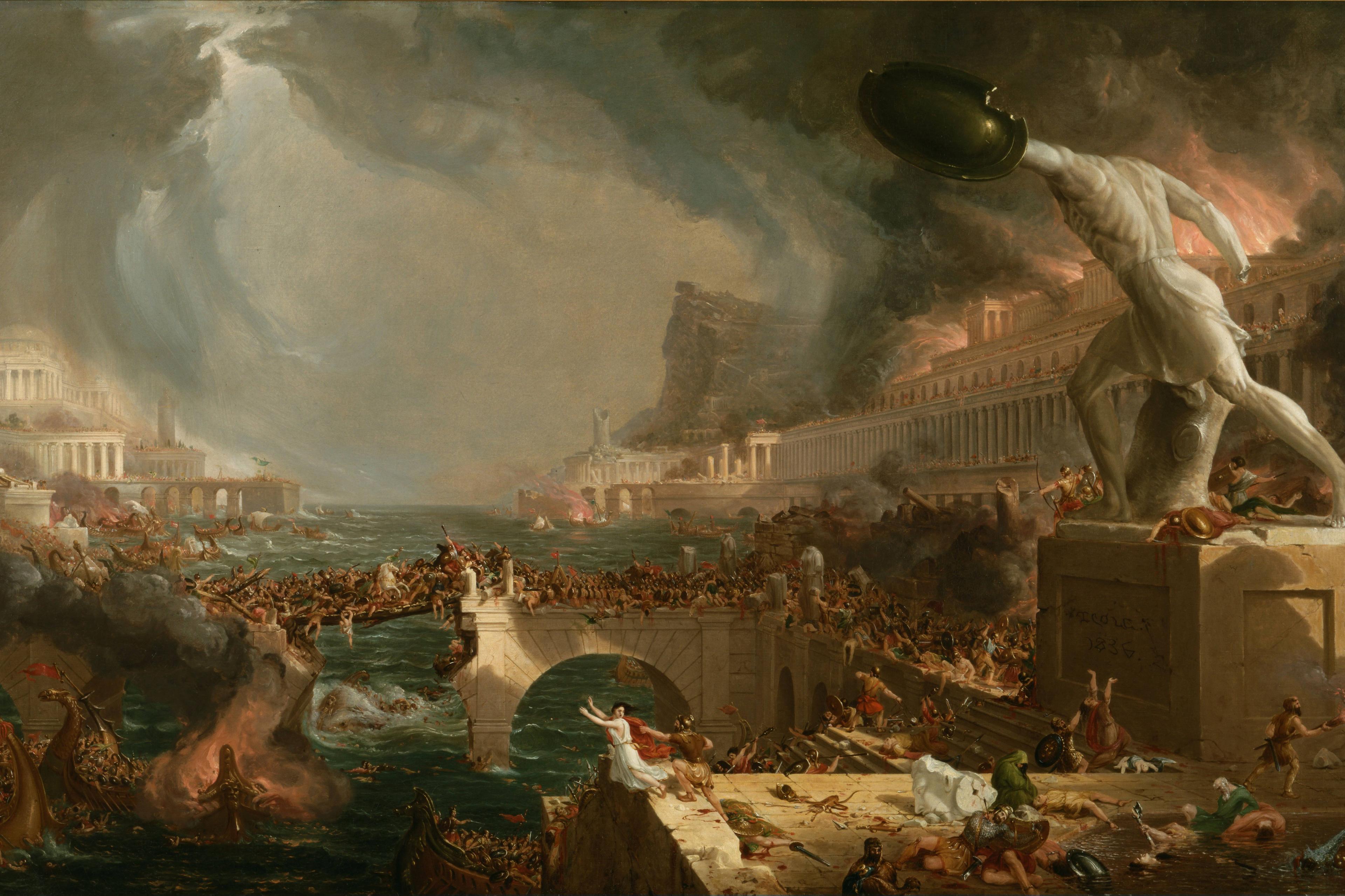 Painting of a chaotic ancient city in flames, with a large statue and crowds fleeing across a bridge over a turbulent sea.
