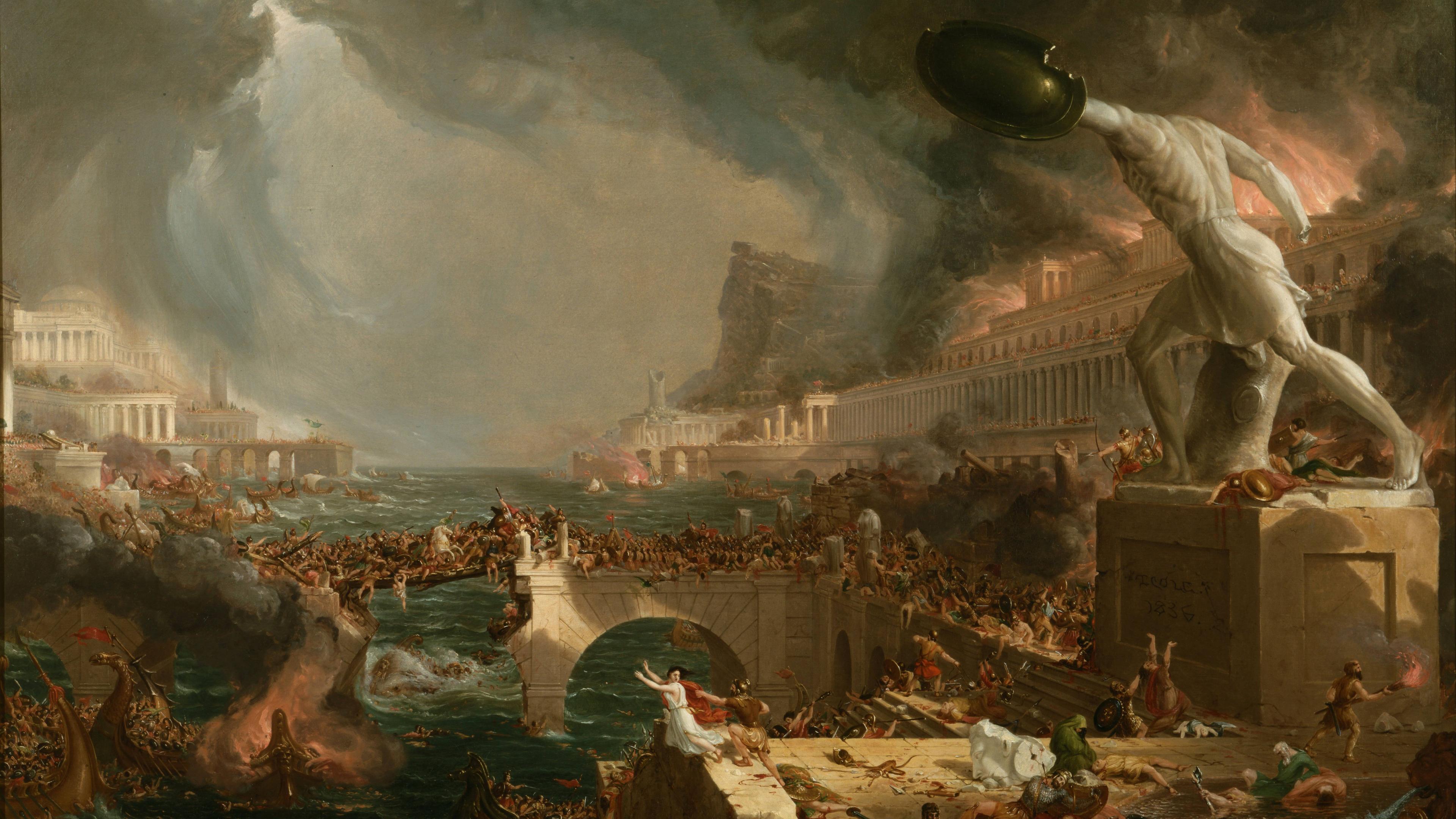 Painting of a chaotic ancient city in flames, with a large statue and crowds fleeing across a bridge over a turbulent sea.