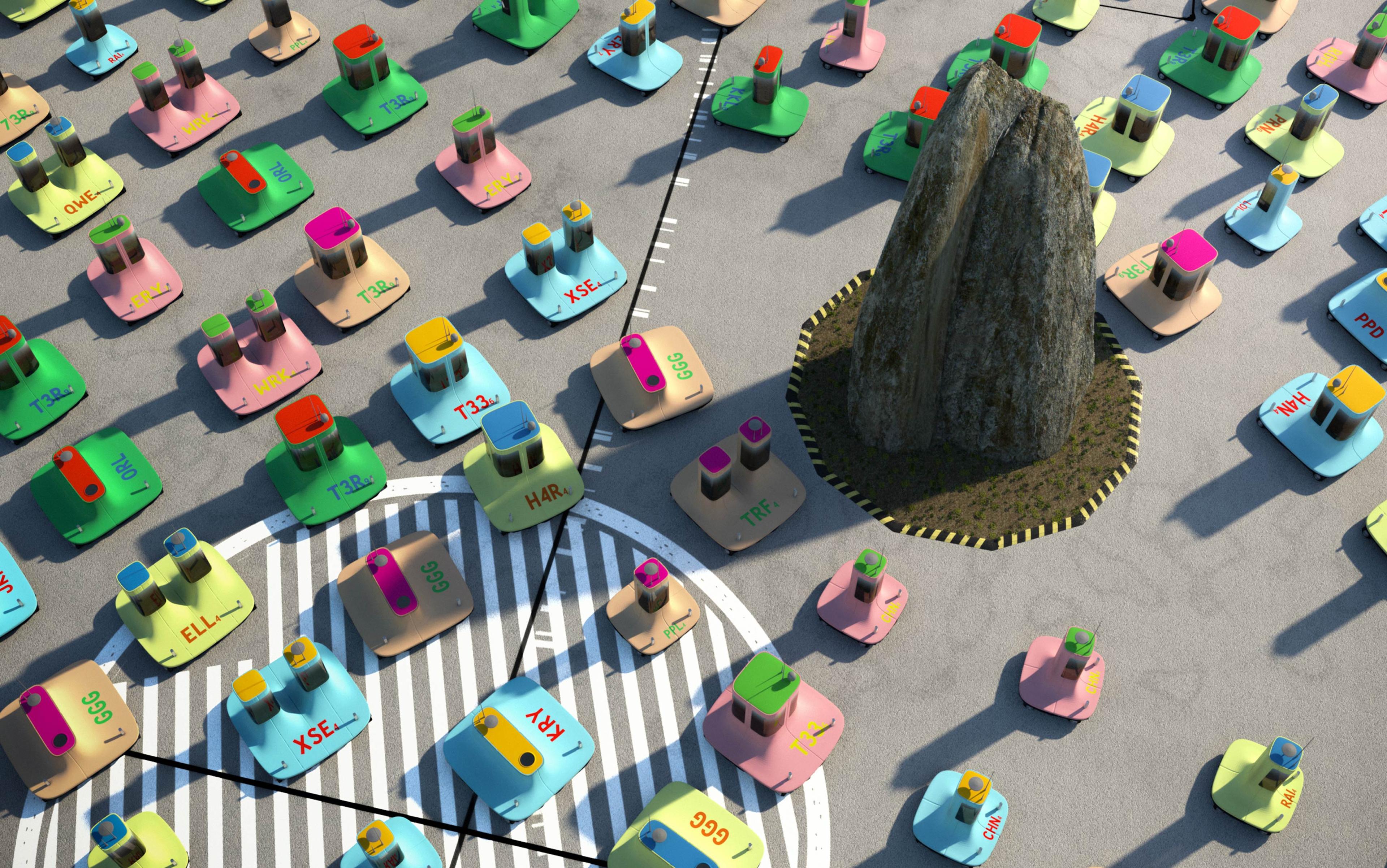 Artwork of colourful abstract robots around a large rock, marked lines on the ground in a circular pattern creating symmetry.