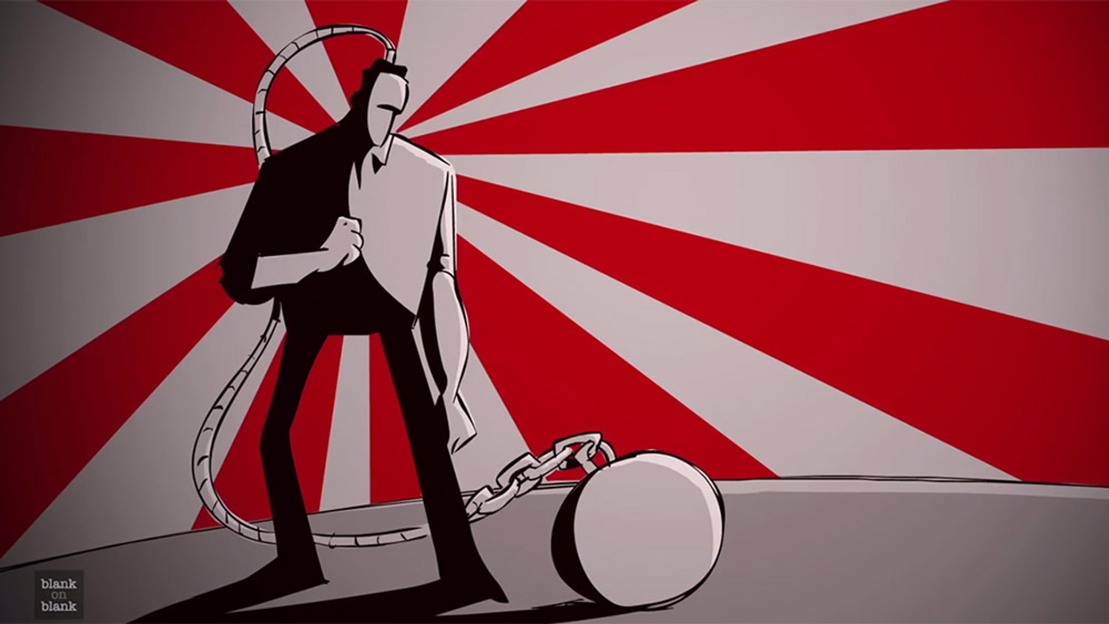 Illustration of a stylised person standing with a chain and ball against a red and white radial background.