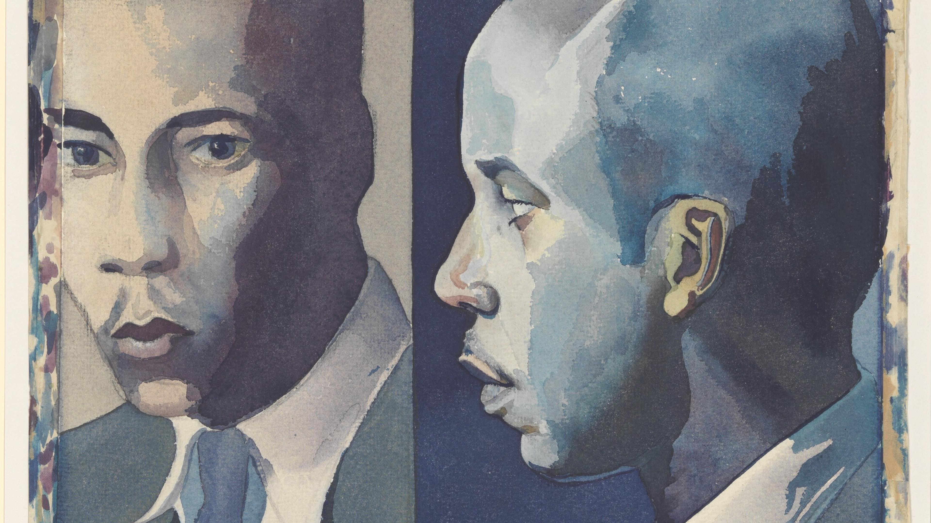 Watercolour painting of two men in suits; one faces forward, the other in profile, with a blue dominant tone.