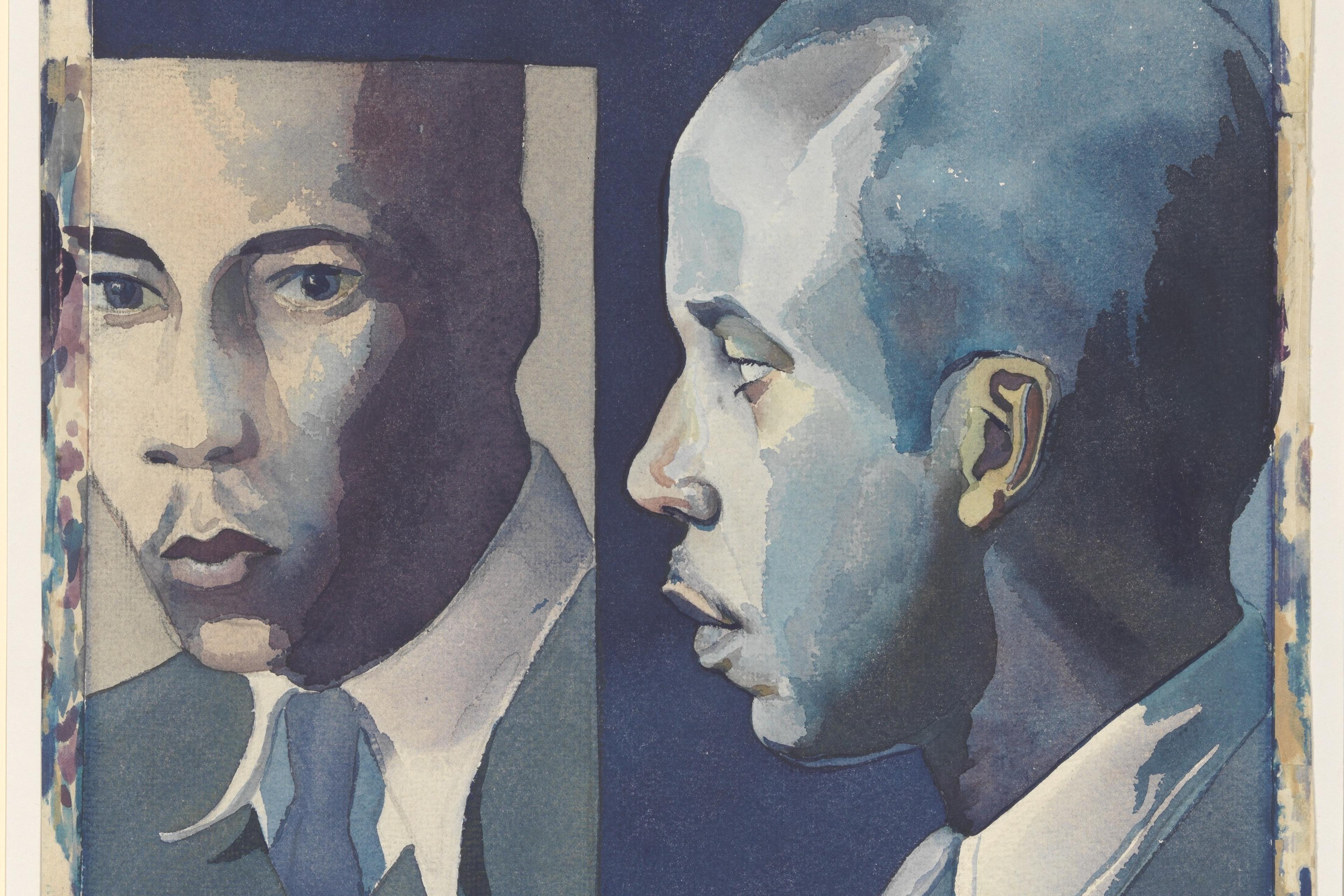 Watercolour painting of two men in suits; one faces forward, the other in profile, with a blue dominant tone.