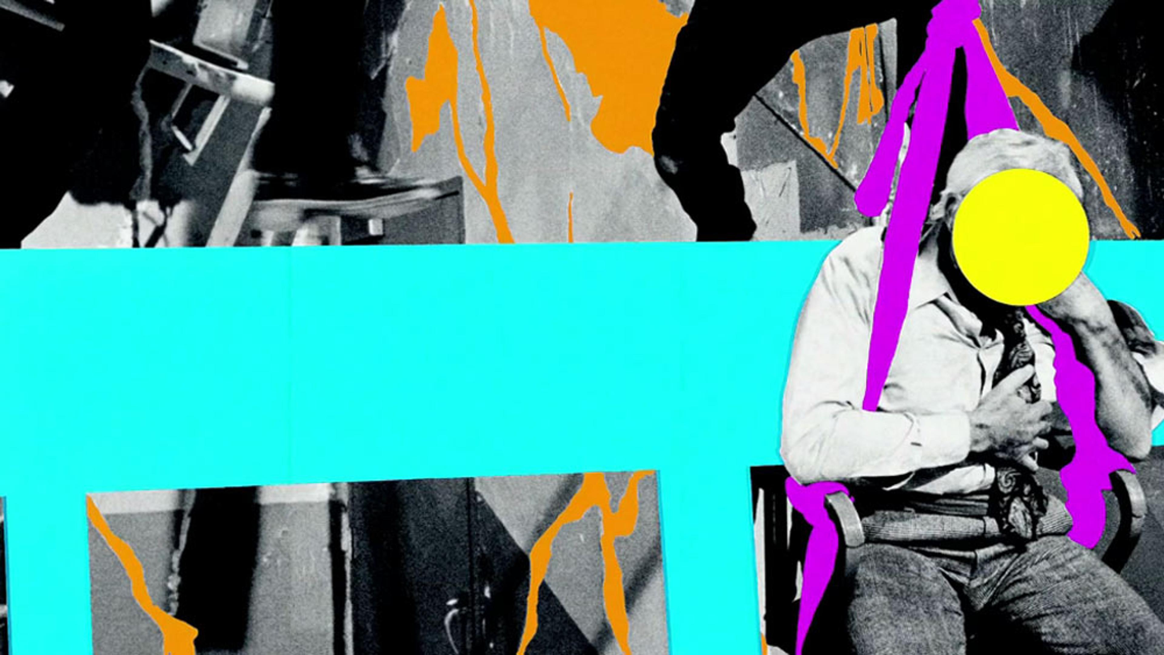 Abstract digital collage featuring various elements including a seated man, a yellow circle over his face, and vibrant colours.