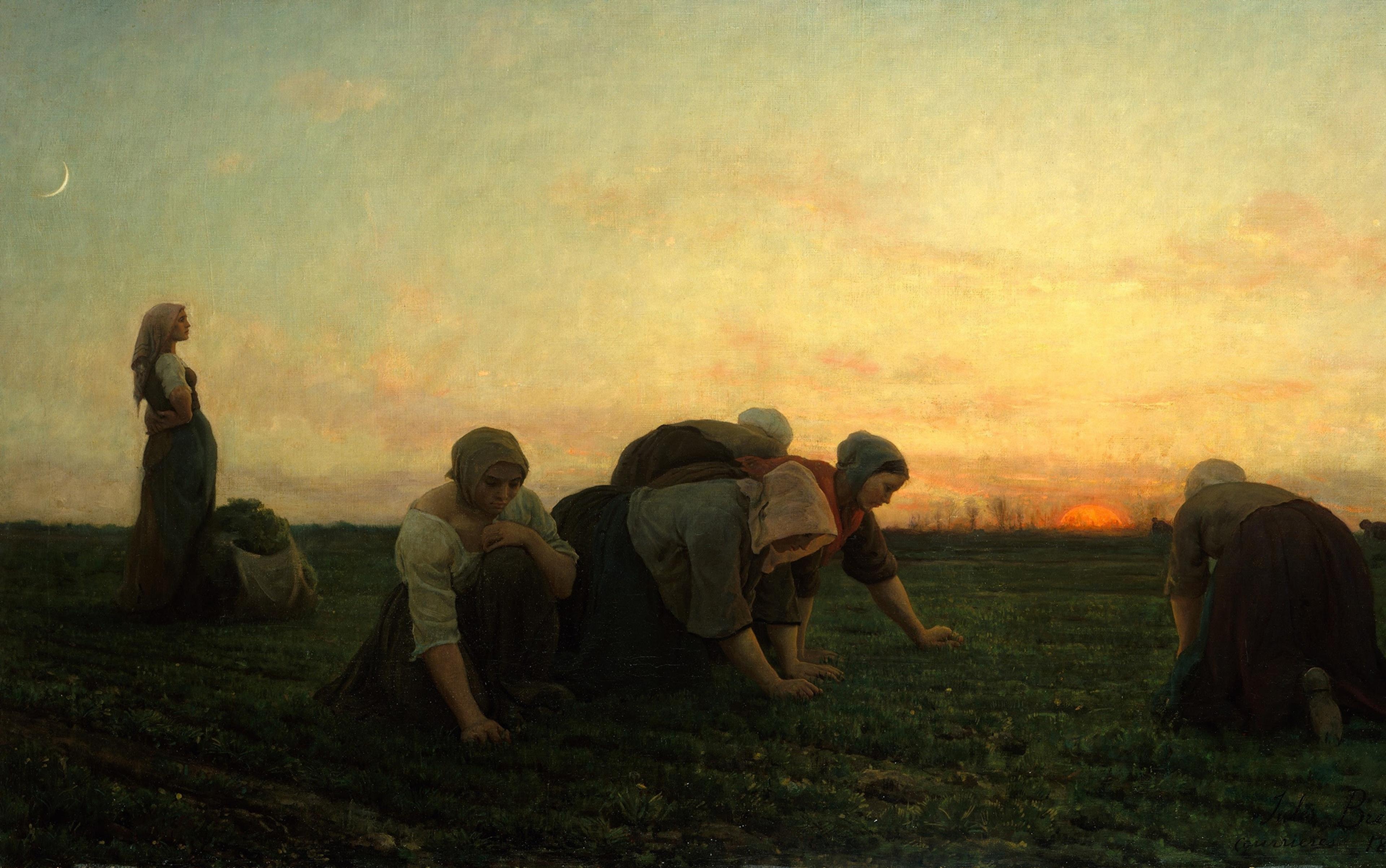 Painting of five women working in a field at sunset. Four are bent over tending to the soil, and one stands to the left looking at the sky with a bag on the ground beside her. The sky is a gradient of blue and orange with a visible crescent moon.