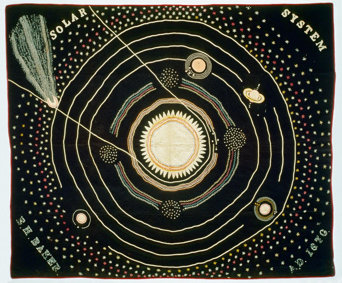 Embroidered image of a solar system with orbits and planets on a dark background, featuring vibrant star patterns.