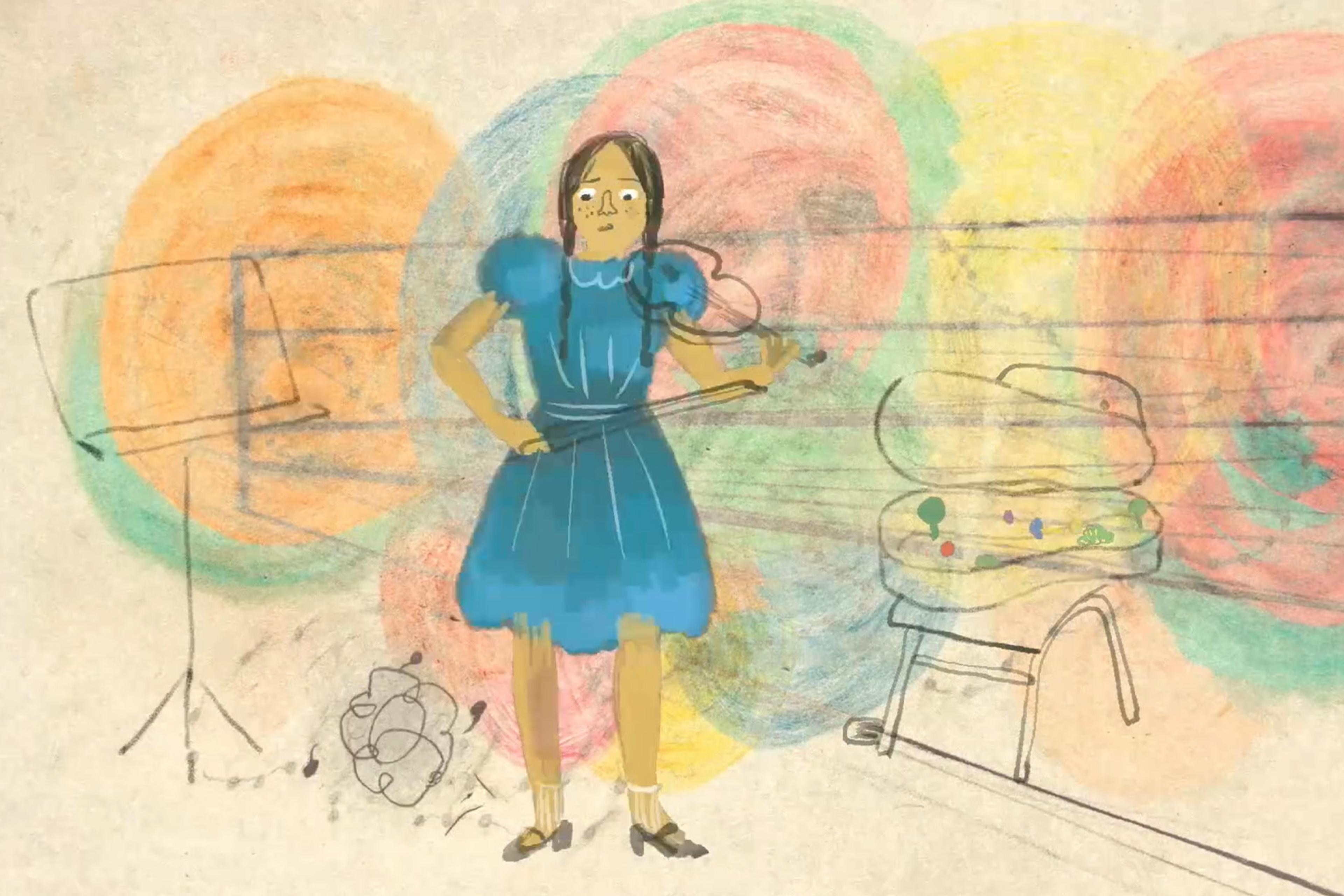 Illustration of a girl in a blue dress playing the violin, surrounded by colourful abstract shapes and sketchy lines on a beige background.