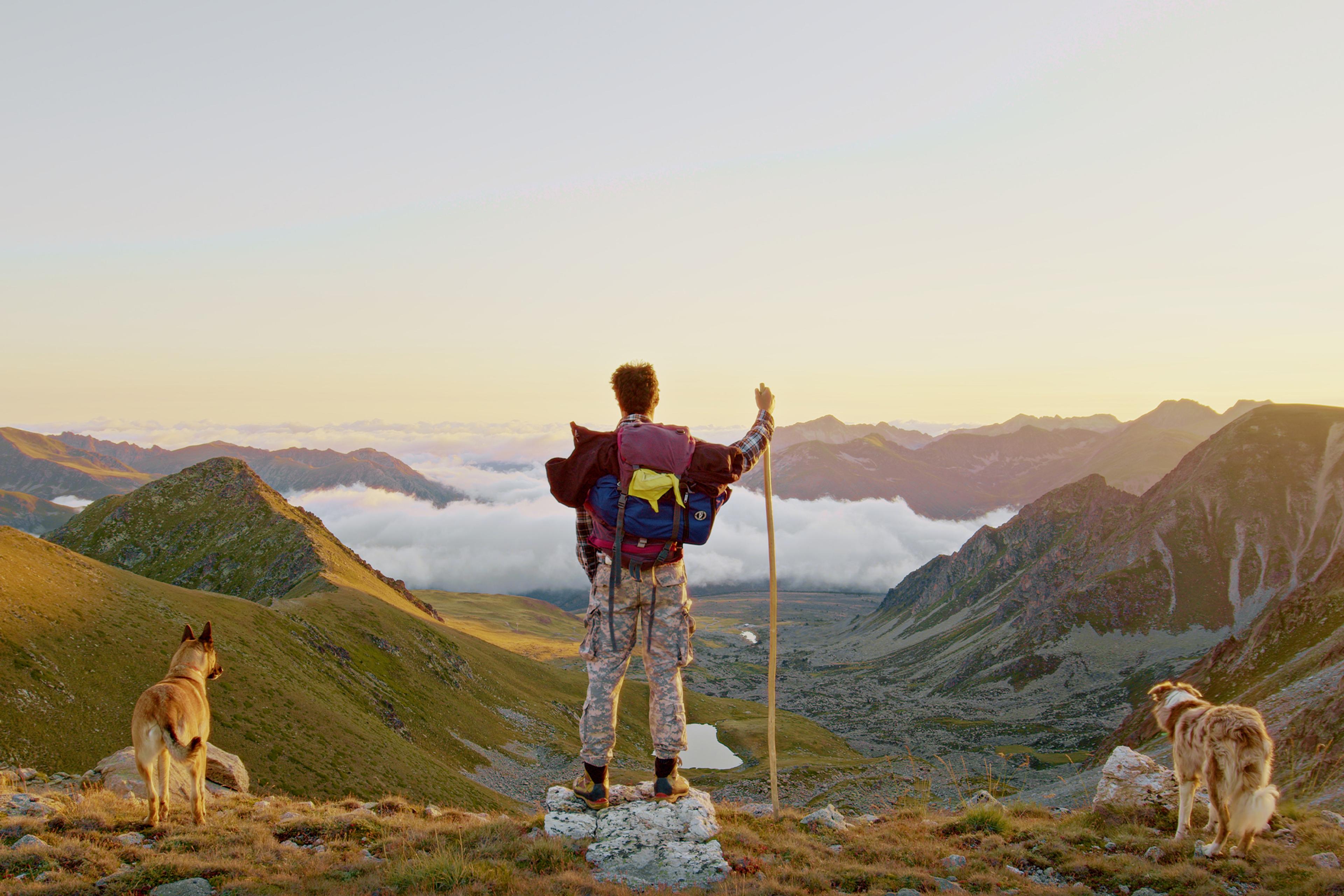 Photo of a hiker with a backpack and two dogs on a mountain peak at sunset, above the cloudline and overlooking a valley.