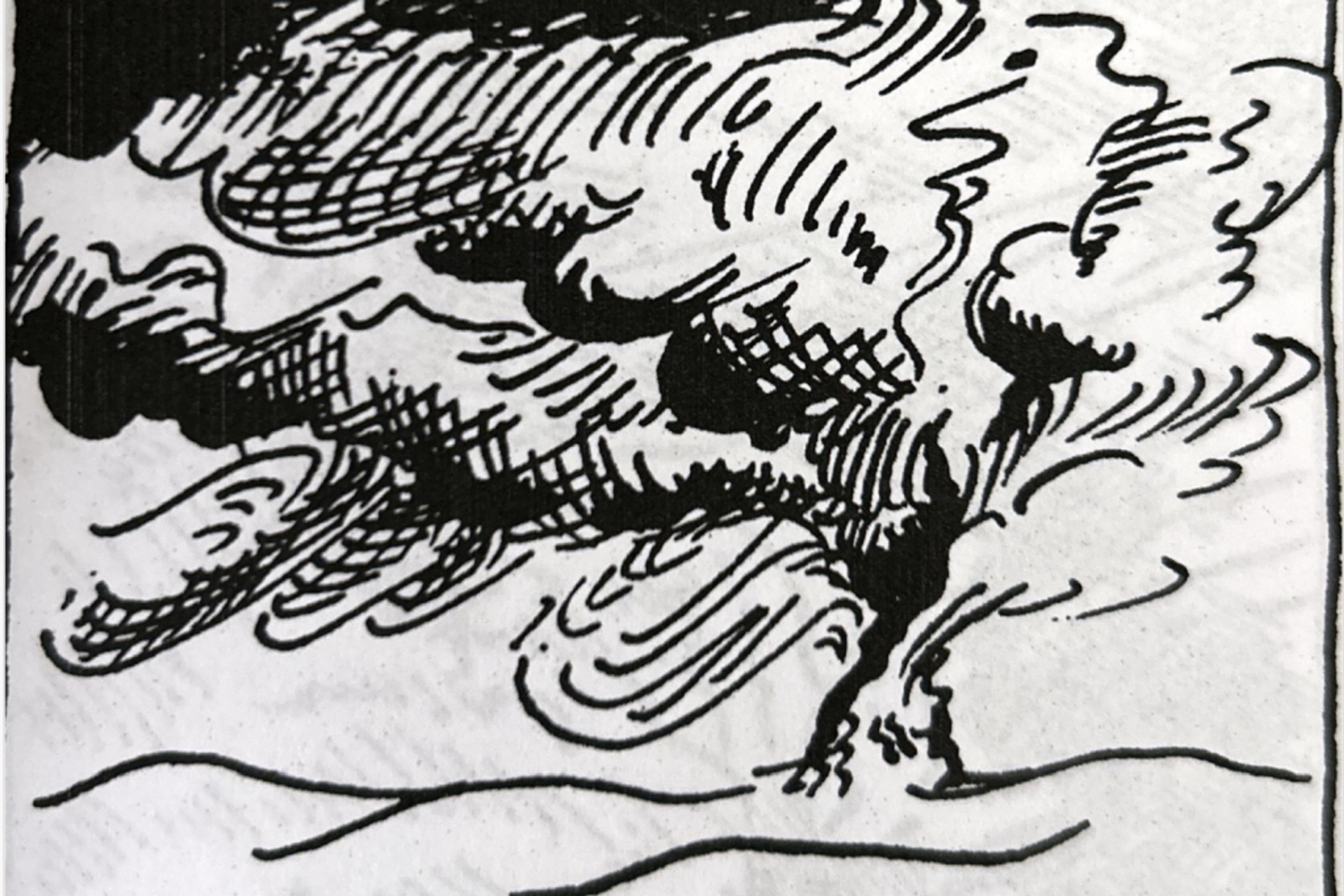 Black and white drawing of stylised smoke or clouds rising from the ground in swirling patterns.