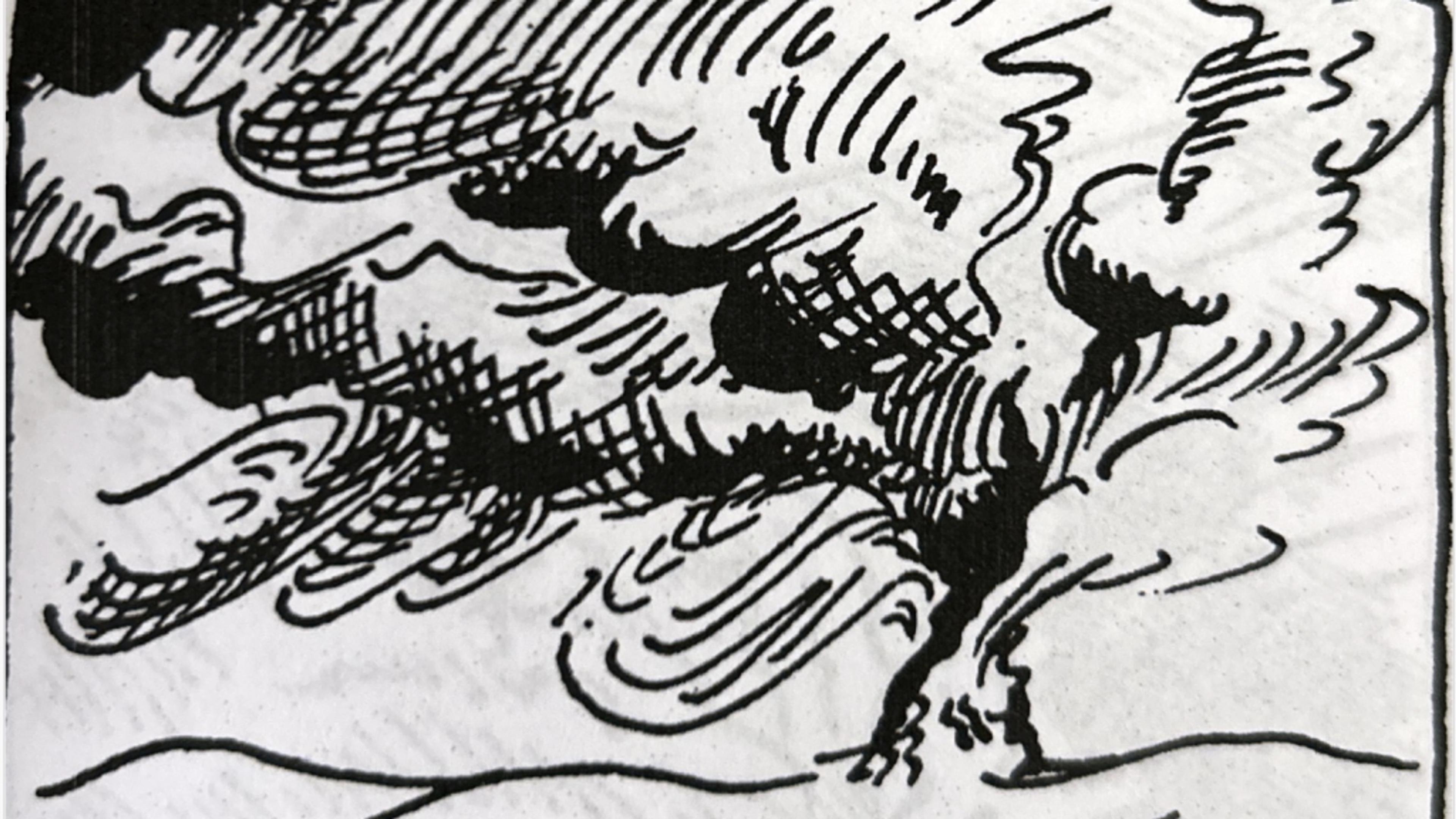 Black and white drawing of stylised smoke or clouds rising from the ground in swirling patterns.