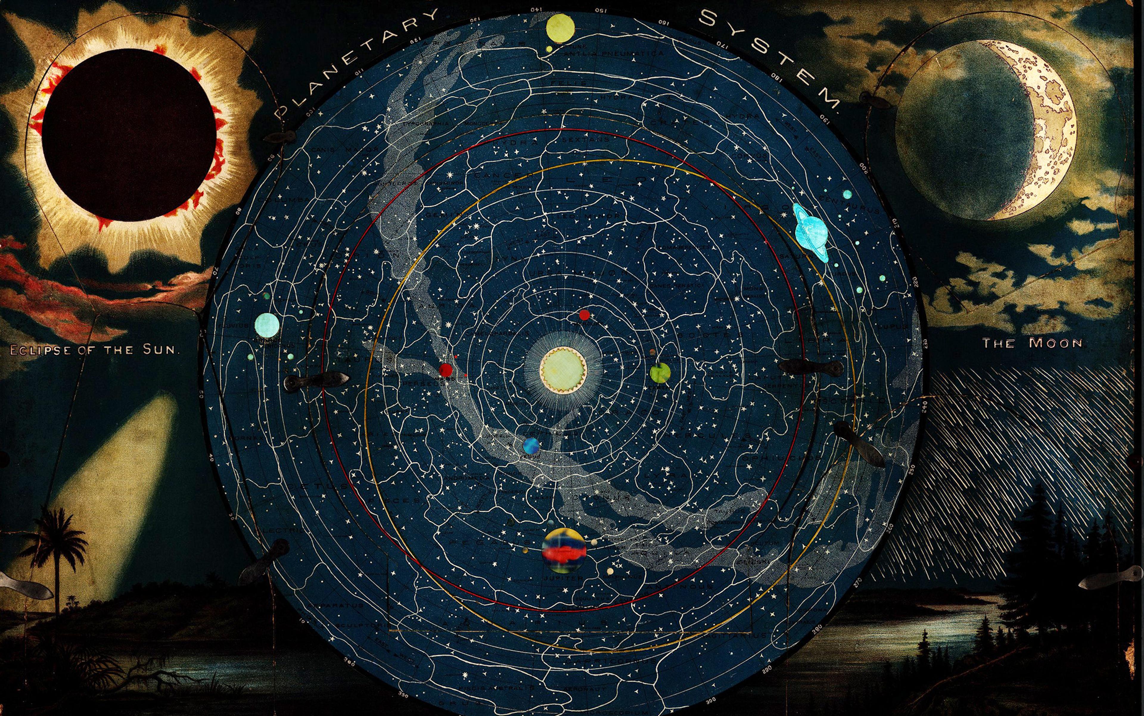 Painting of the planetary system with an eclipse of the Sun on the left and a crescent Moon on the right, showing stars and orbits.