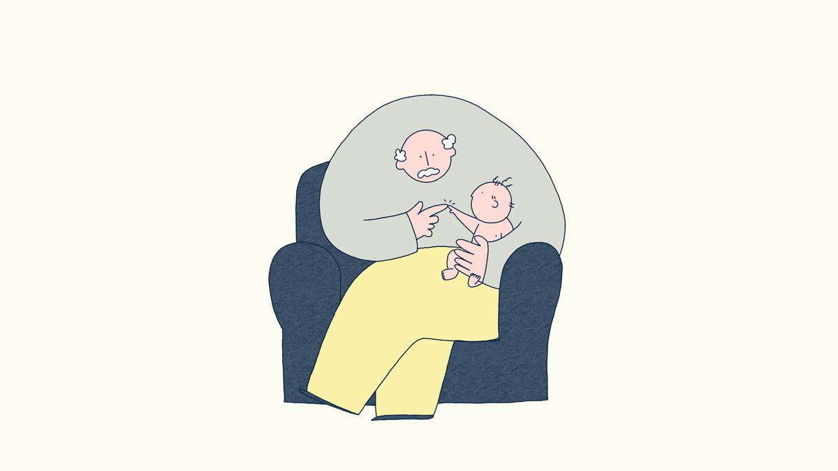 Illustration of an elderly person in a chair holding a baby touching the child’s finger.
