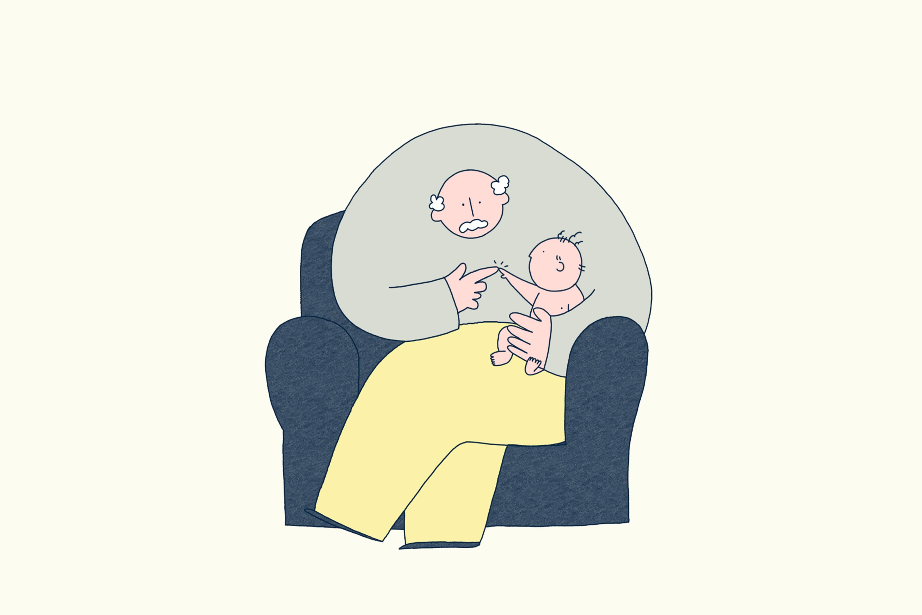 Illustration of an elderly person in a chair holding a baby touching the child’s finger.