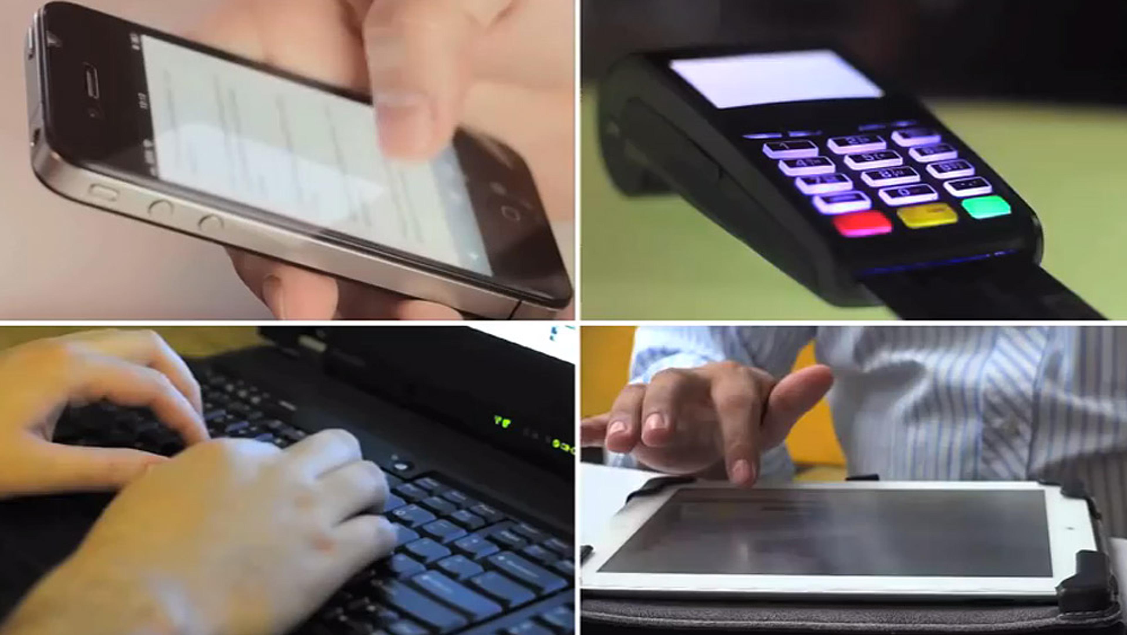 Collage photo of a phone, a card reader, hands typing on a keyboard, and a person using a tablet.