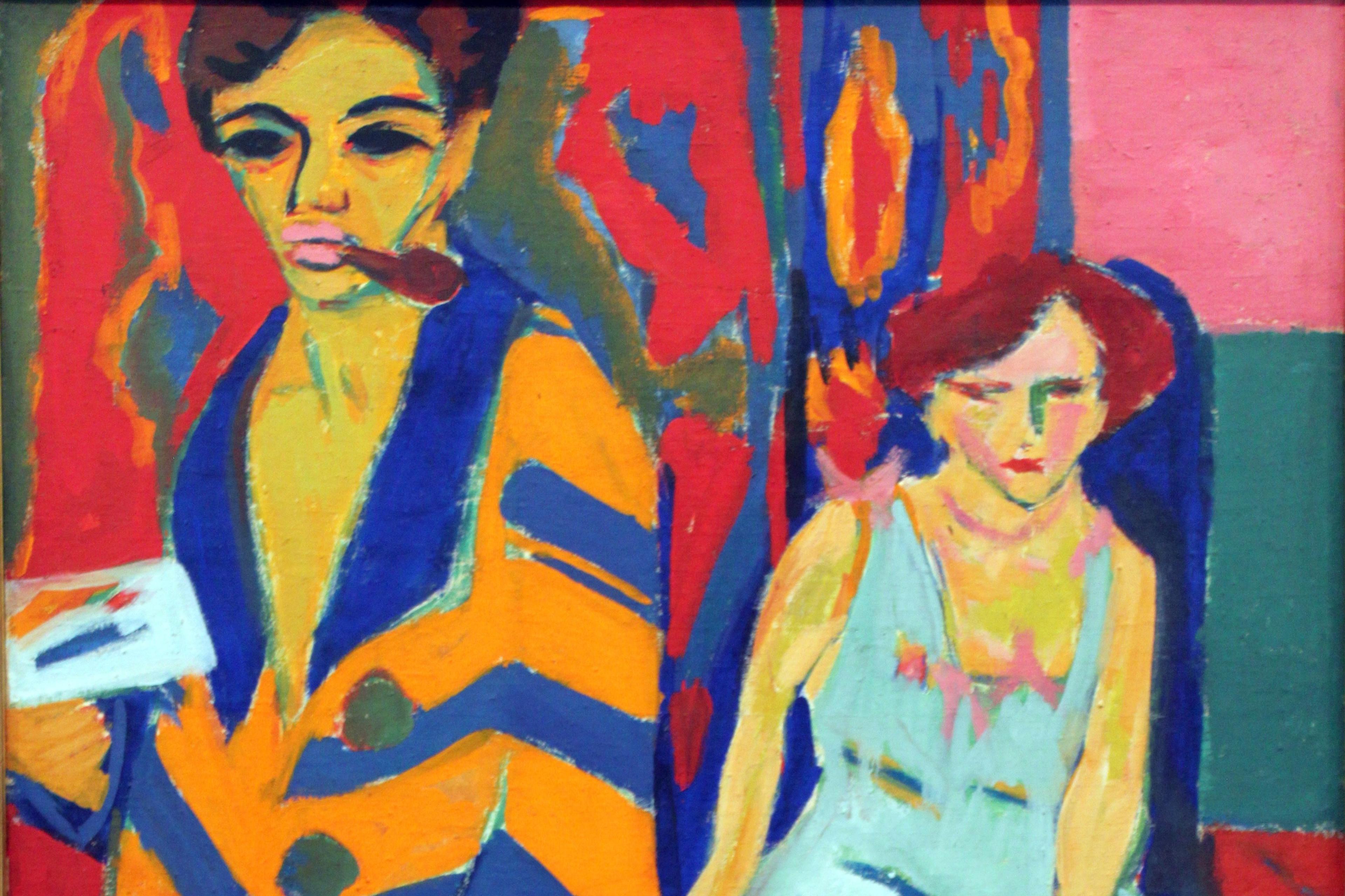 Expressionist painting of two figures; one in a striped robe with a pipe, the other seated in a dress, both vibrant colours.