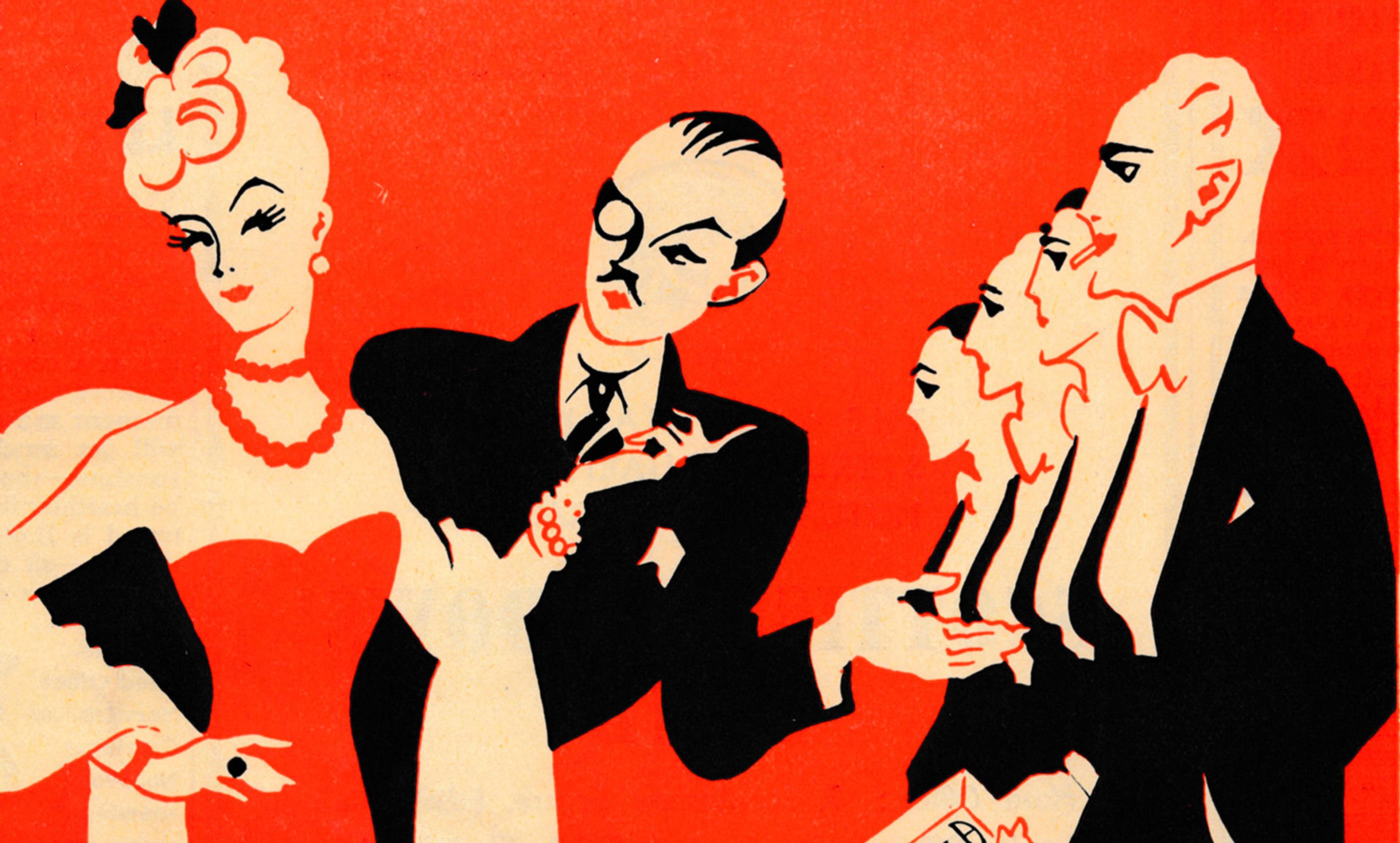 Illustration of stylish individuals in formal attire against a red background, featuring exaggerated facial features and elegant poses.