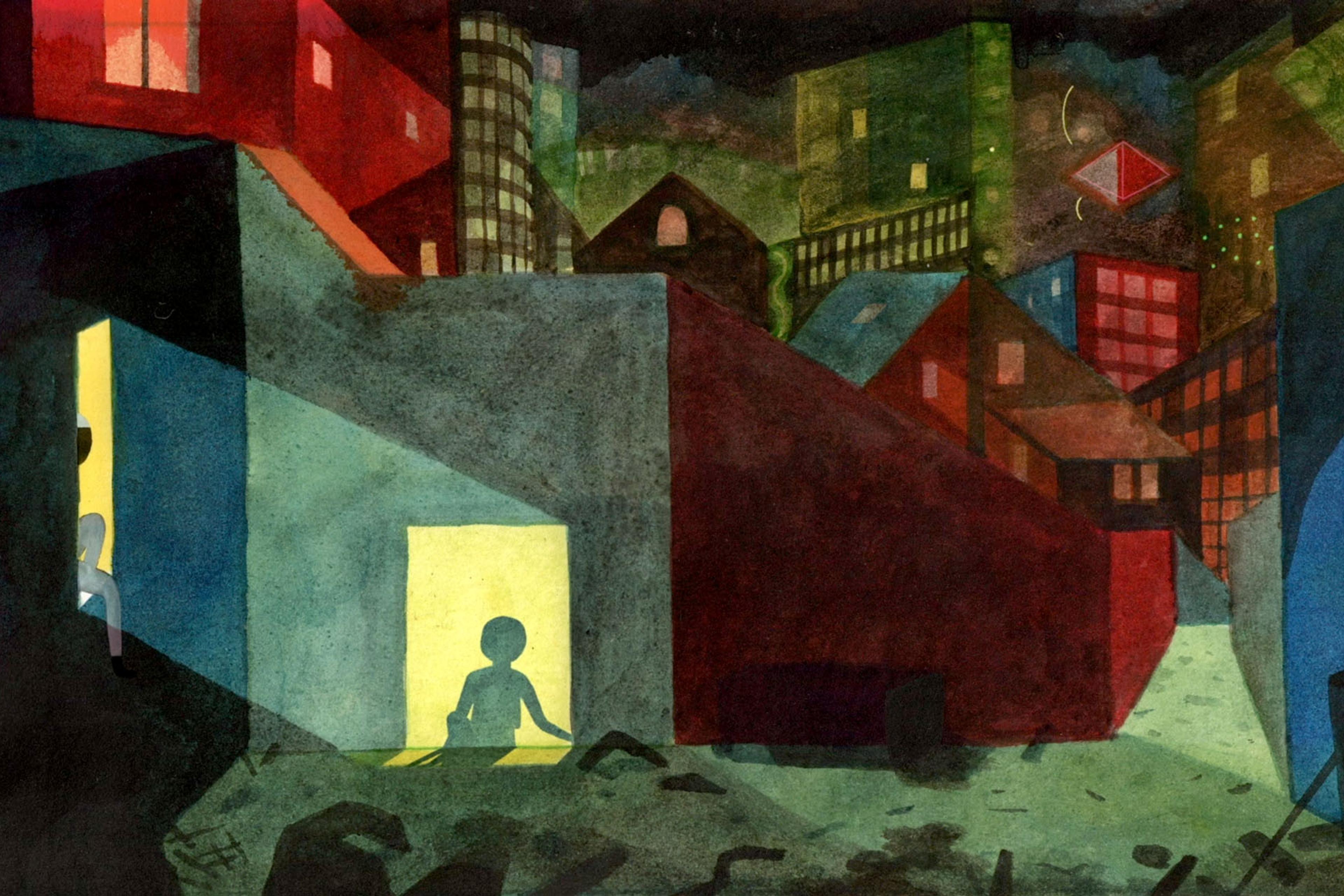 A moody cityscape with dark buildings and bright yellow-lit rooms, featuring silhouetted figures inside.