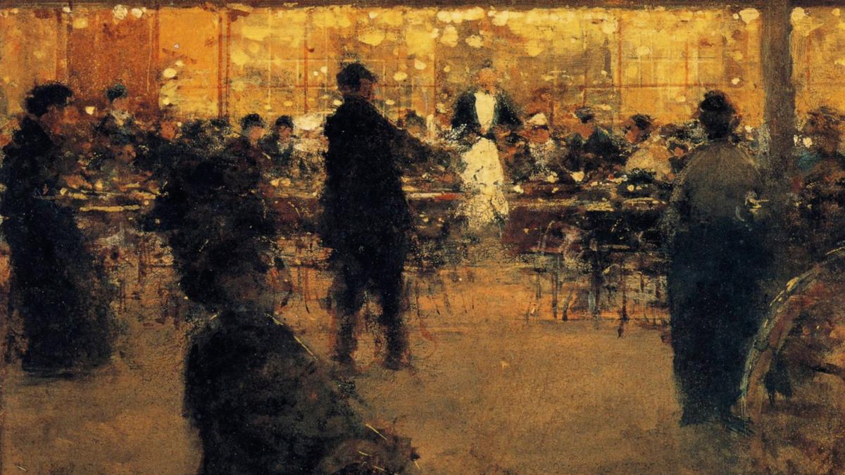 Painting of a dimly lit café with blurred figures inside, creating a warm atmospheric scene; some figures are seated at tables, others standing and moving around the space.