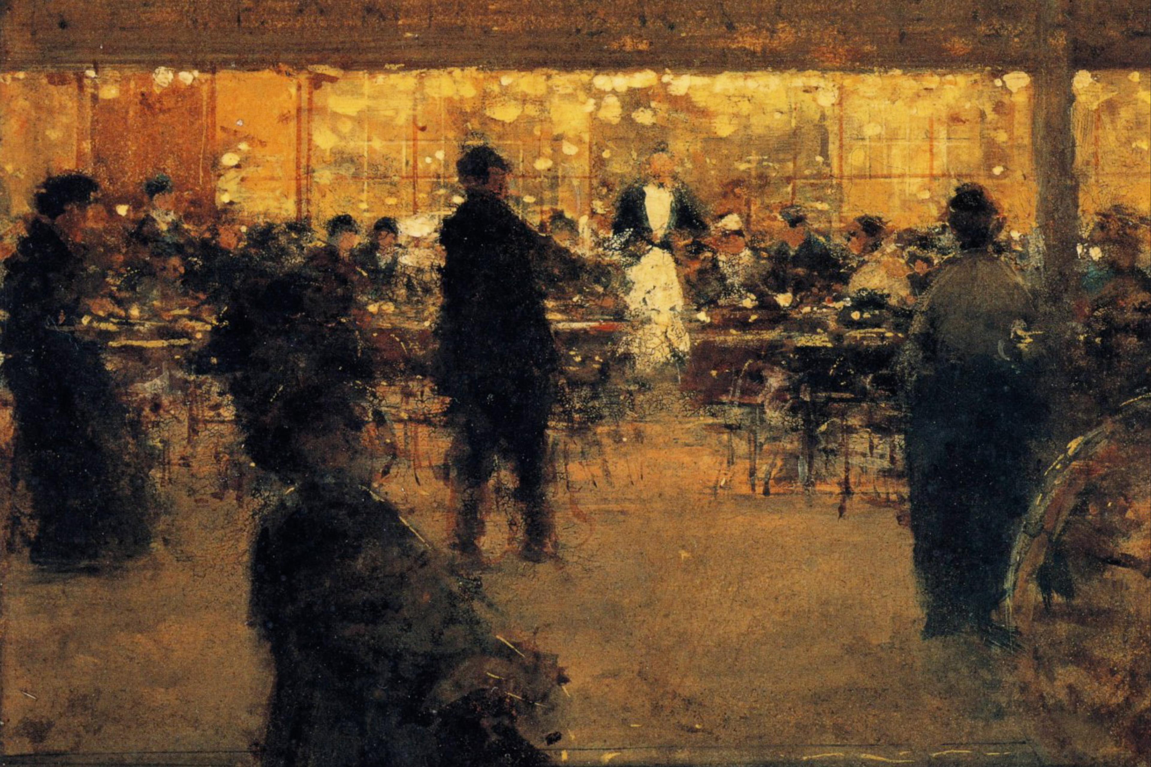 Painting of a dimly lit café with blurred figures inside, creating a warm atmospheric scene; some figures are seated at tables, others standing and moving around the space.
