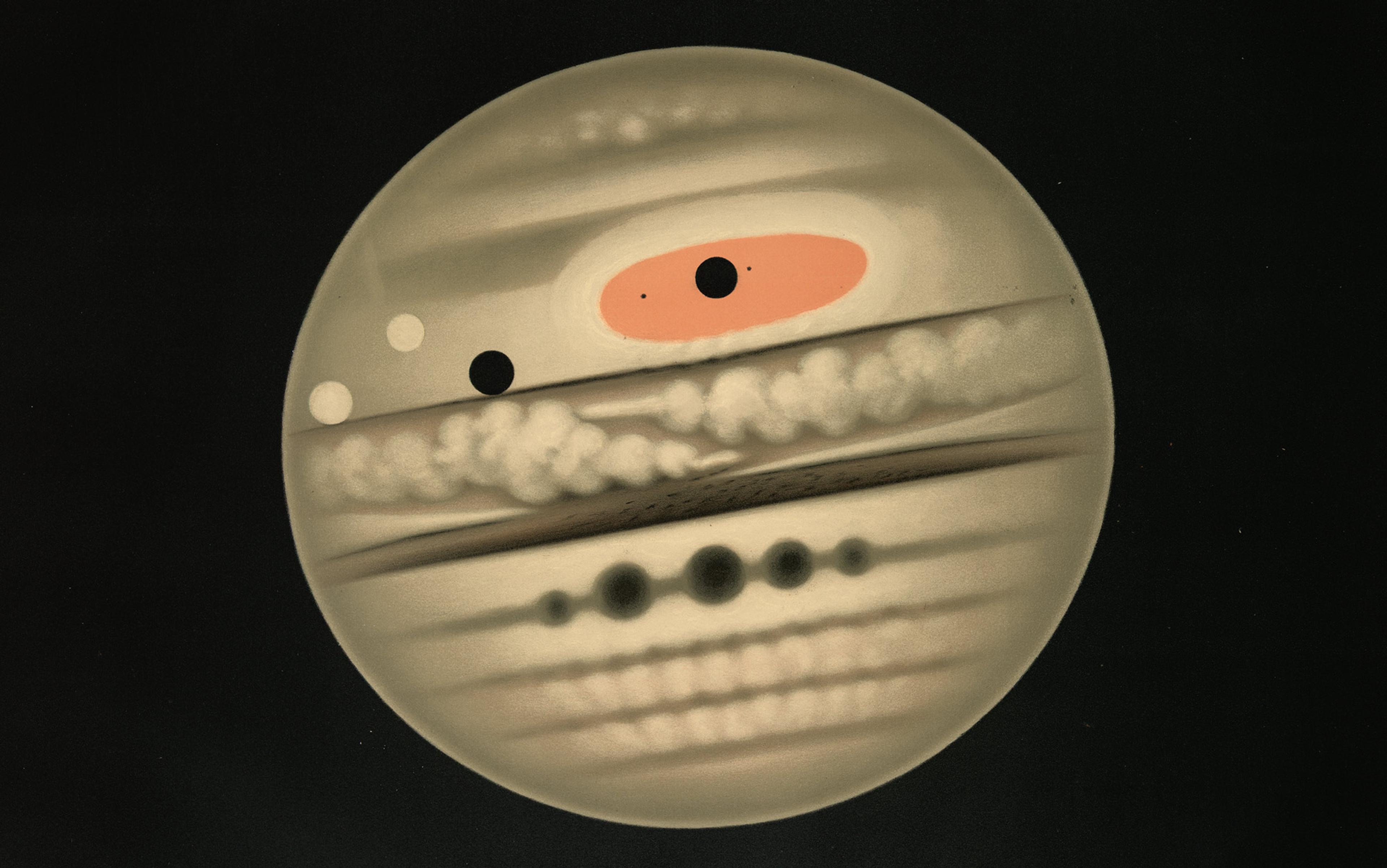 A painting of a stylised planet with rings and circles against a black background, featuring a red oval shape at the top.