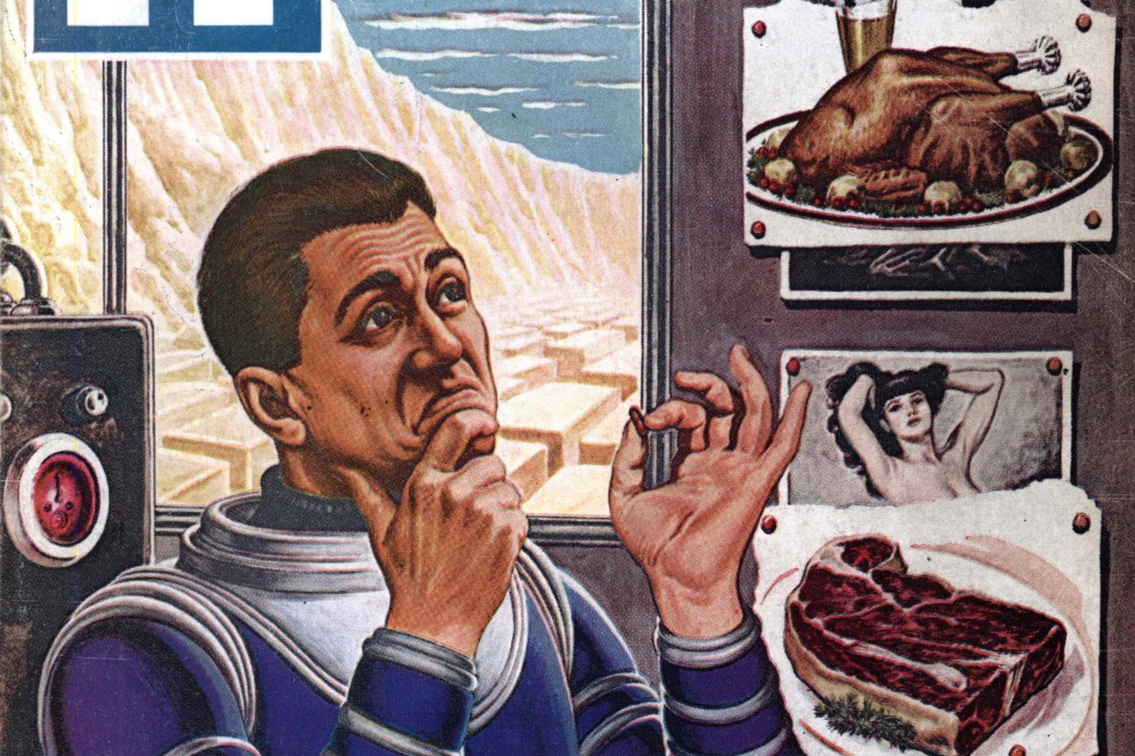 Cover art of a science fiction magazine showing a man in a spacesuit contemplating a pill with food images behind him.