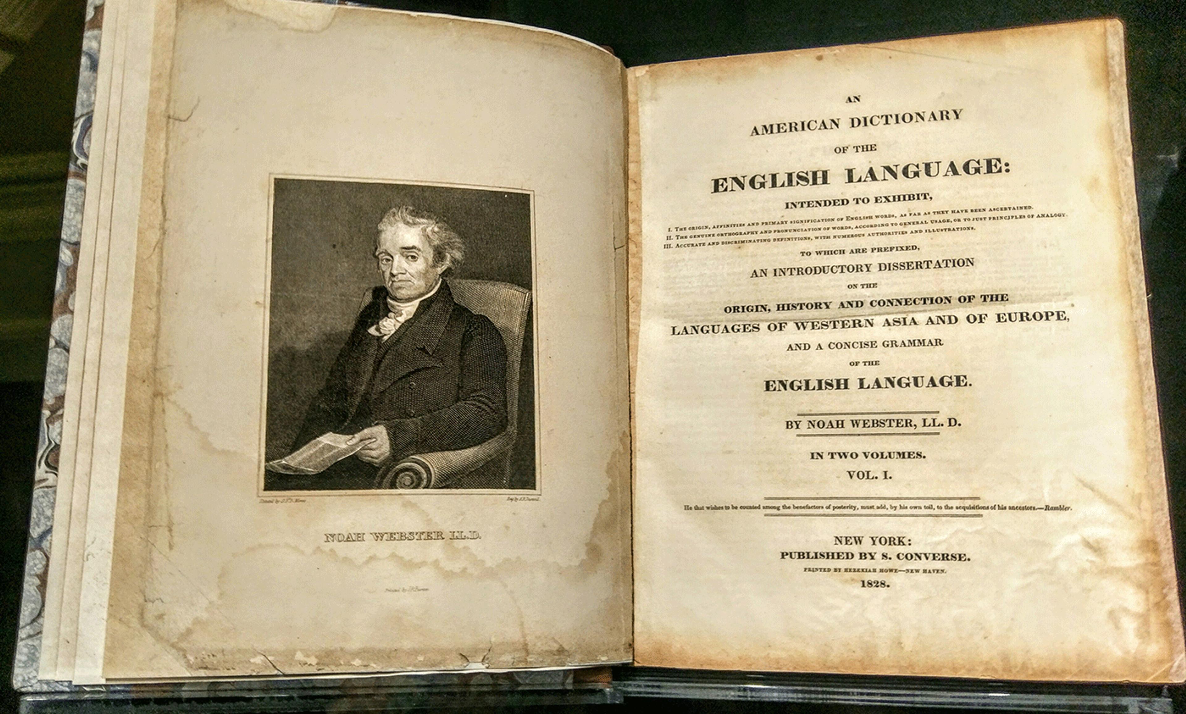 <p>The title page of Noah Webster’s 1828 edition of the <em>American Dictionary of the English Language</em>. <em>Courtesy Wikimedia</em></p>