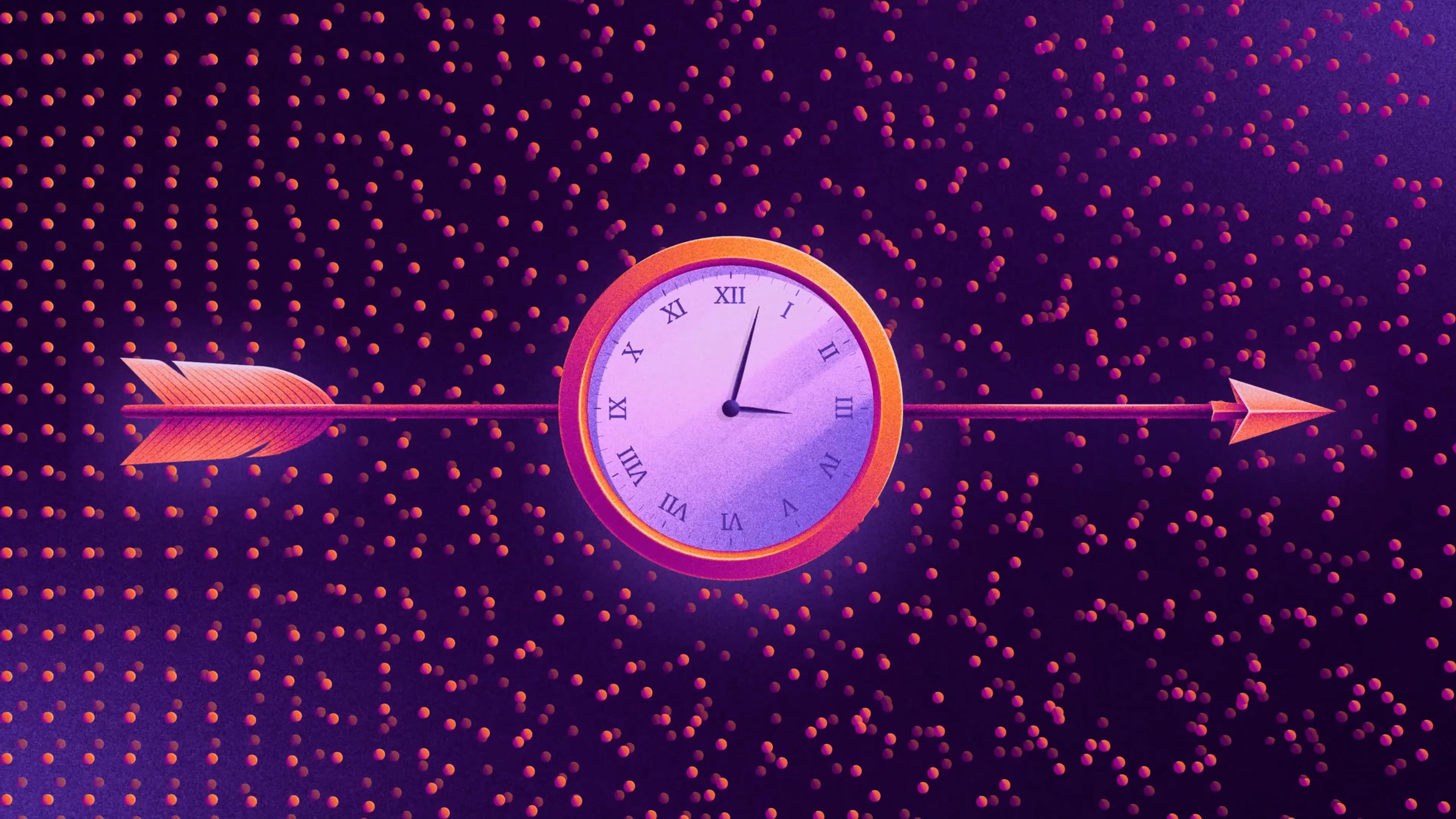 Illustration of a clock pierced by an arrow in a space with small pink spheres on a purple background.