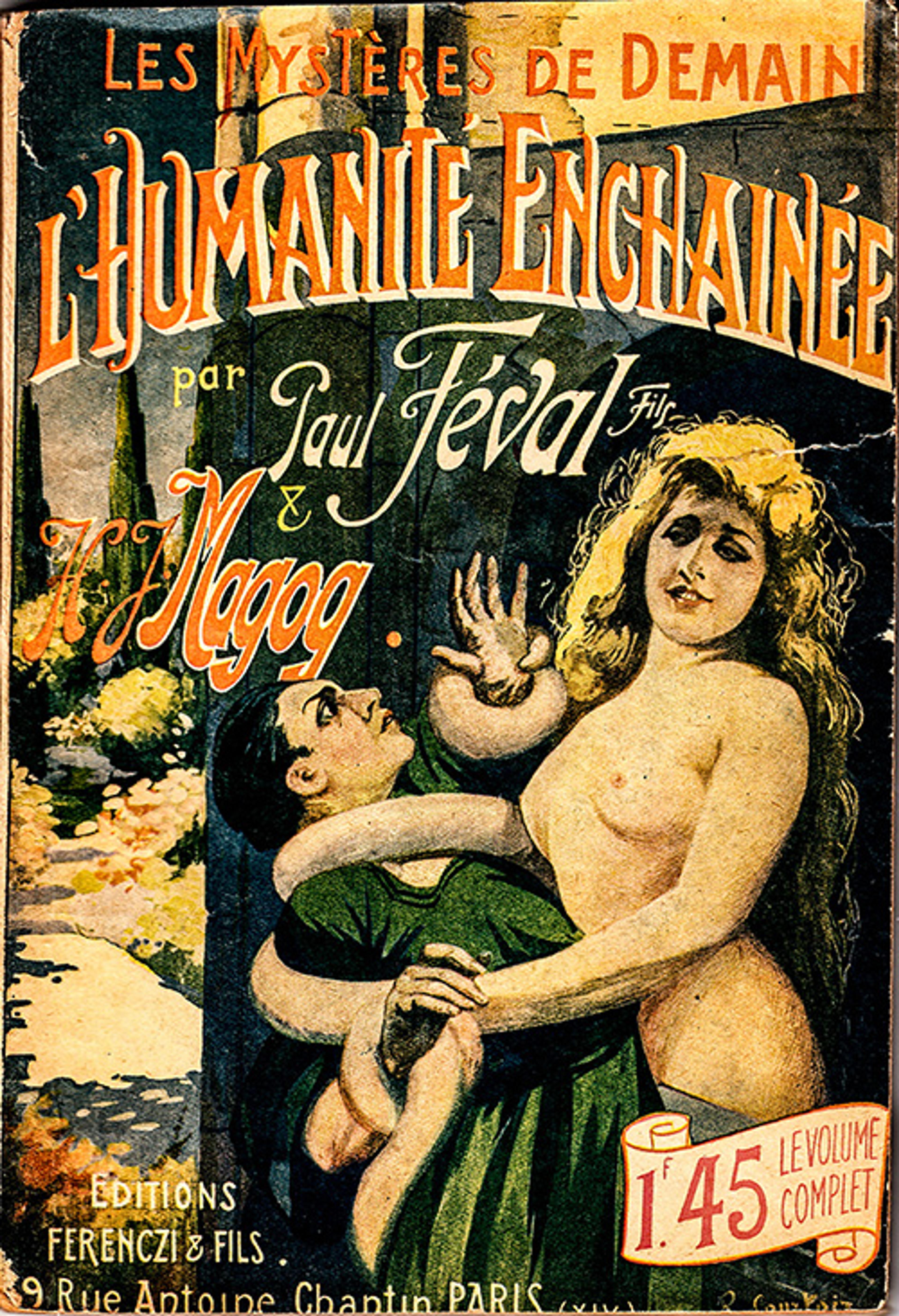 Illustrated book cover of “L’Humanité Enchaînée” featuring a man and a woman in an embrace with bold text, vintage style.