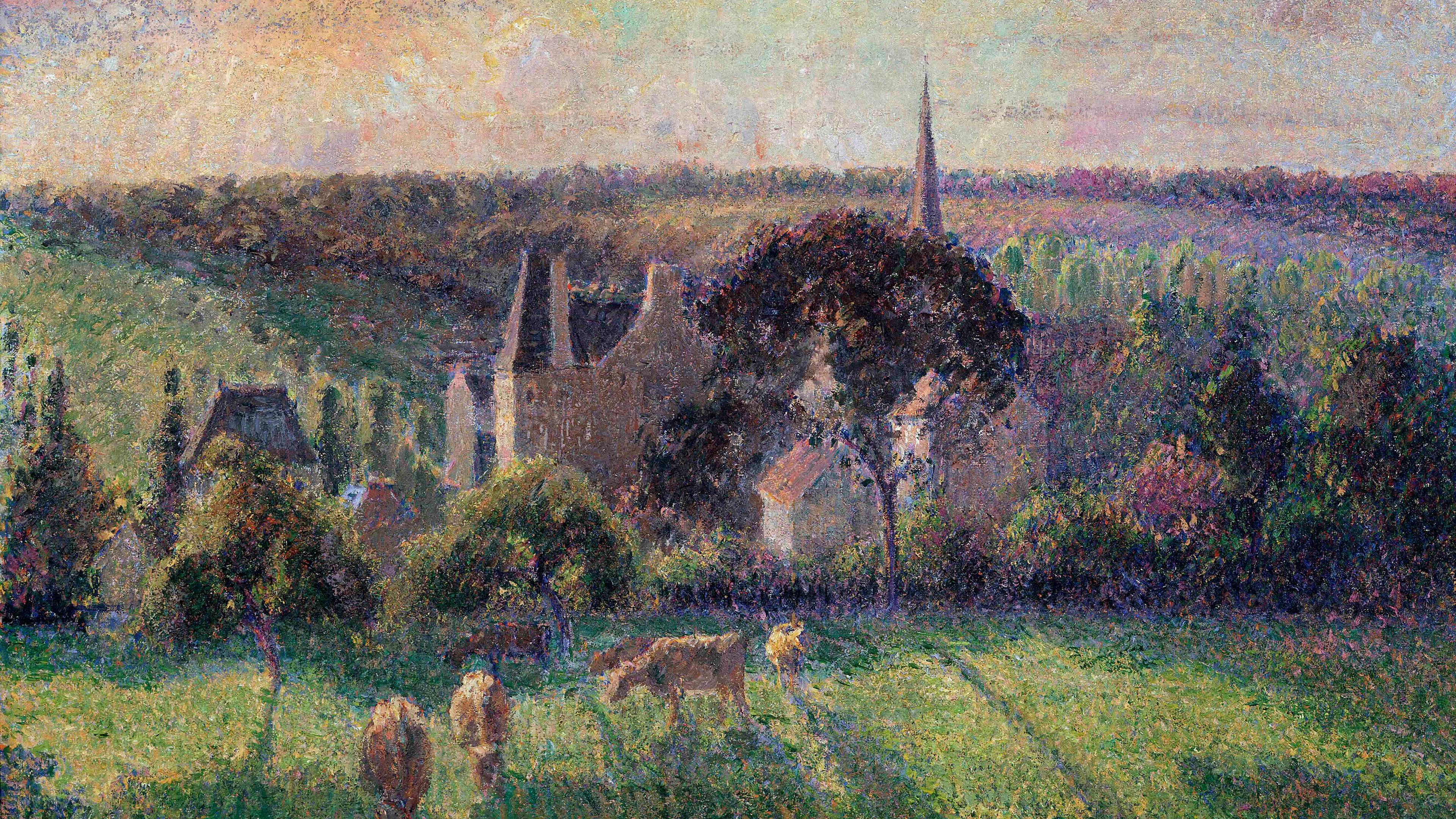 Painting of a serene rural landscape with cows grazing at sunset, a church spire, trees and fields in the background.