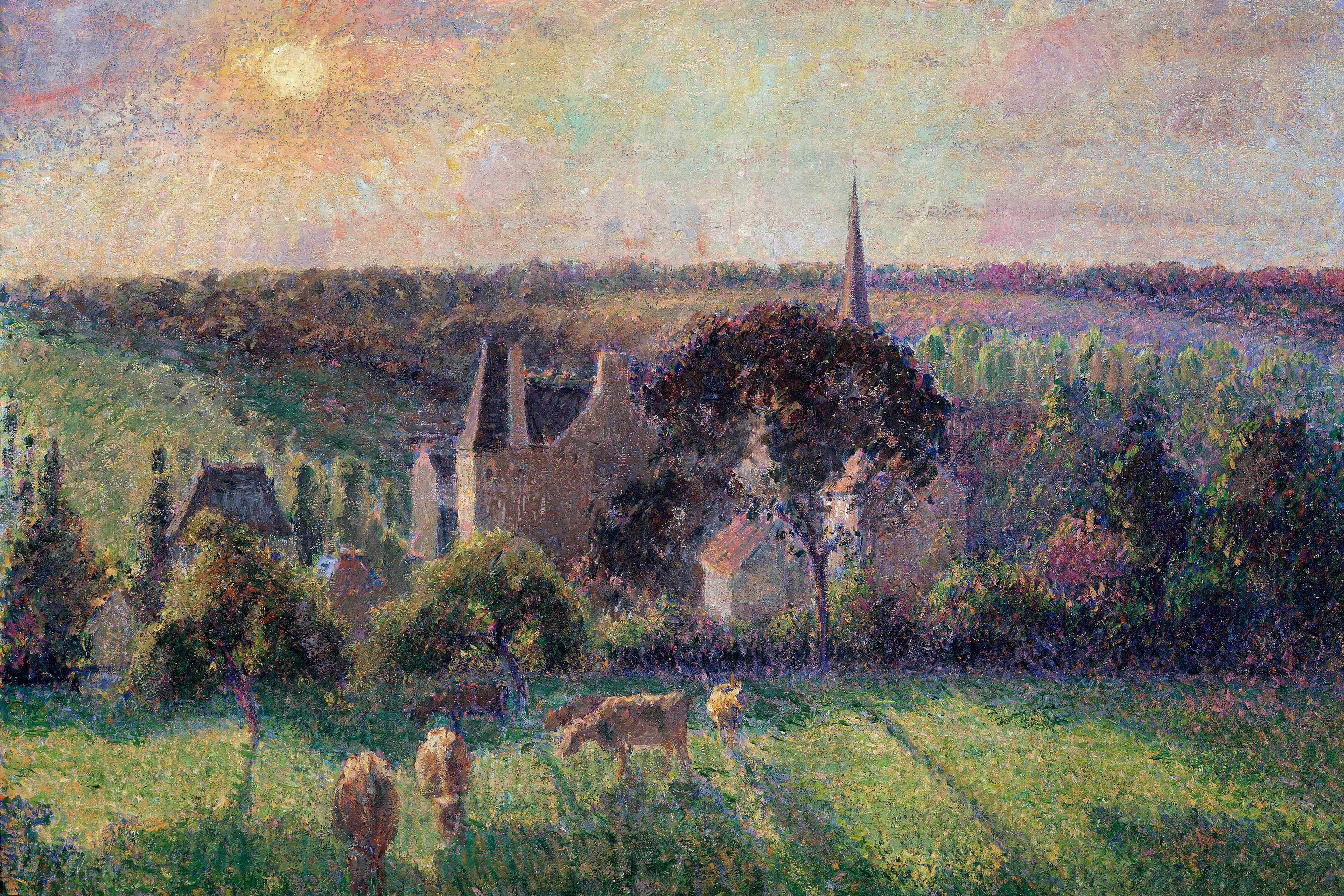 Painting of a serene rural landscape with cows grazing at sunset, a church spire, trees and fields in the background.