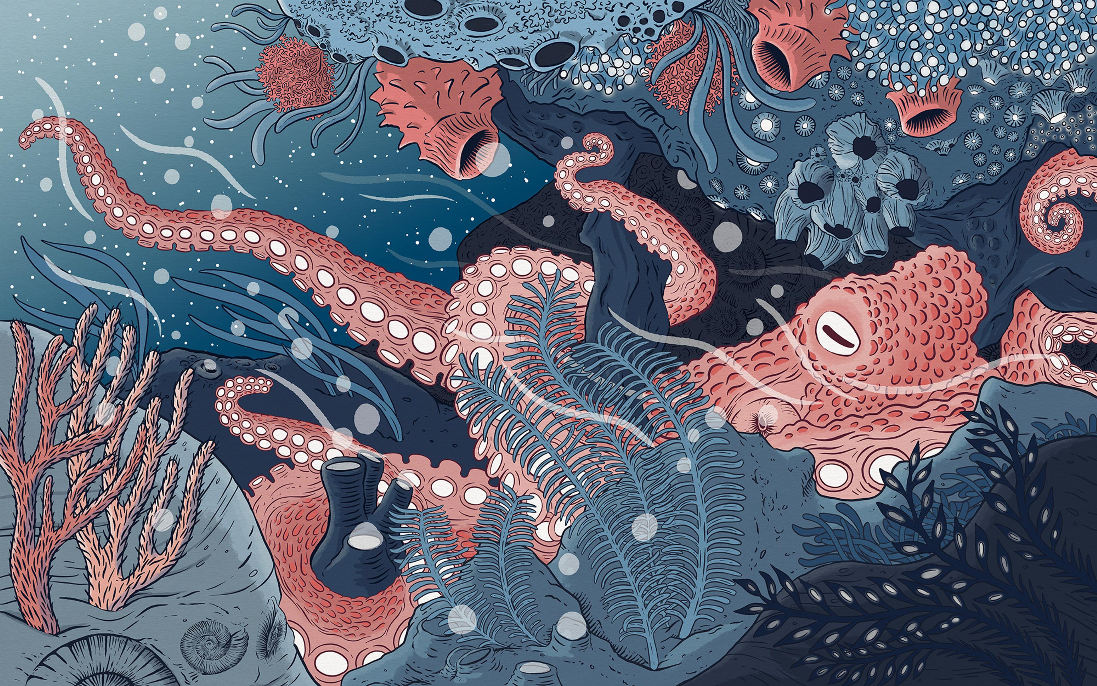 Illustration of an underwater scene with an octopus, coral, and various marine flora in blue and pink tones. Tentacles and sea plants are elaborately detailed.