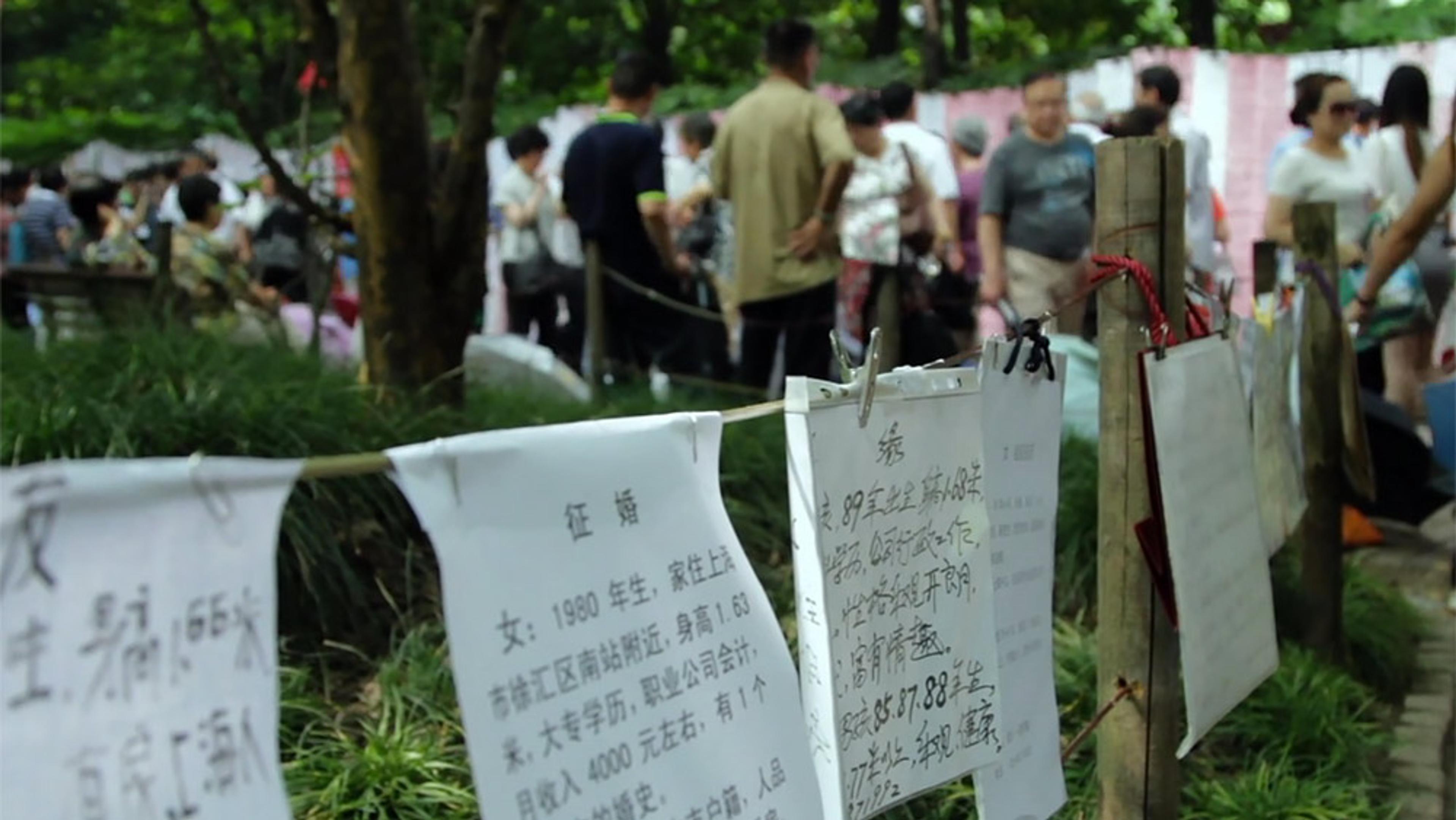 Paper sheets with handwritten text pegged on a line outdoors with a blurred crowd in the background, trees surrounding.