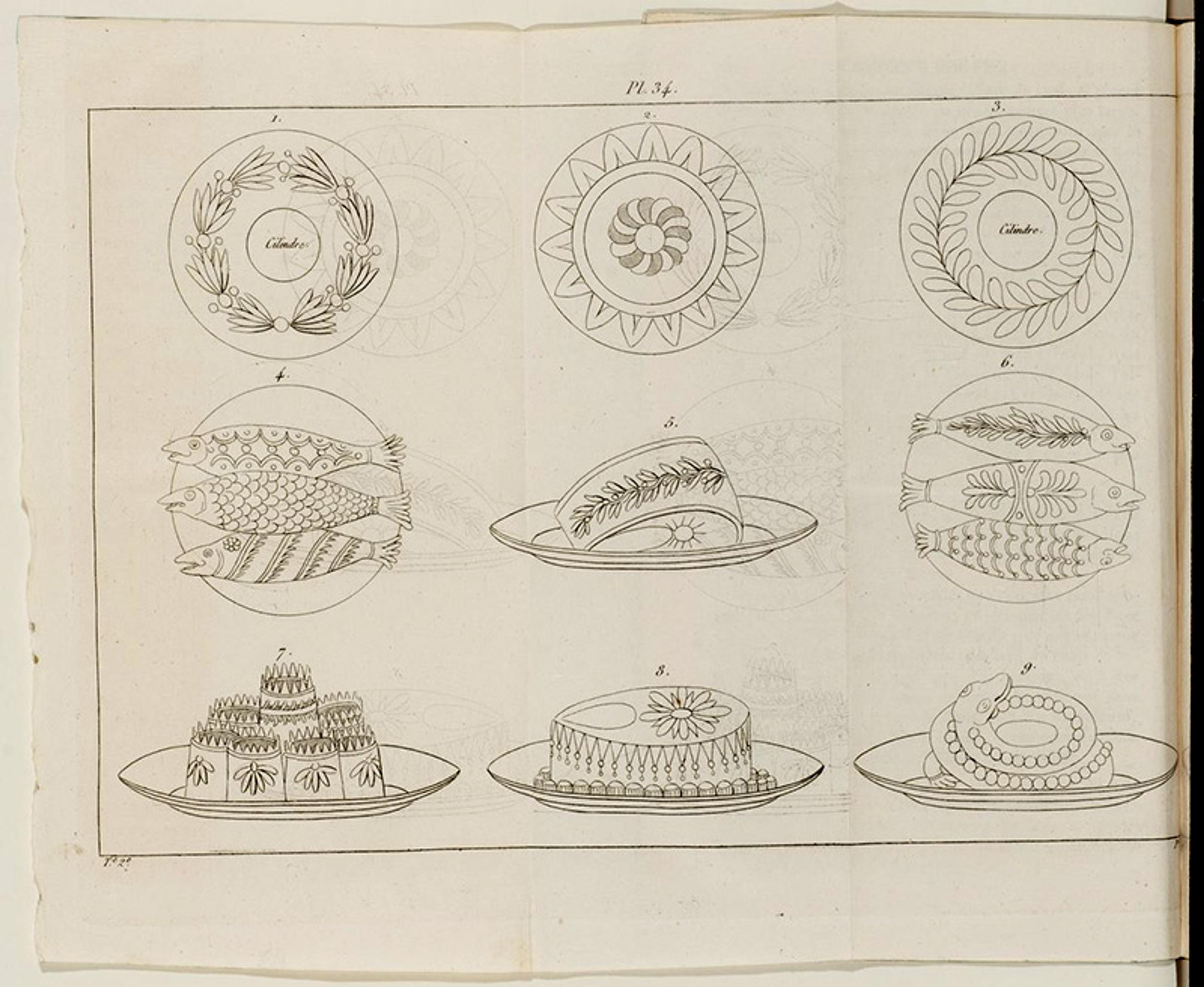 Black and white illustration of nine decorated plates and platters with food and patterns on them from an old cookbook