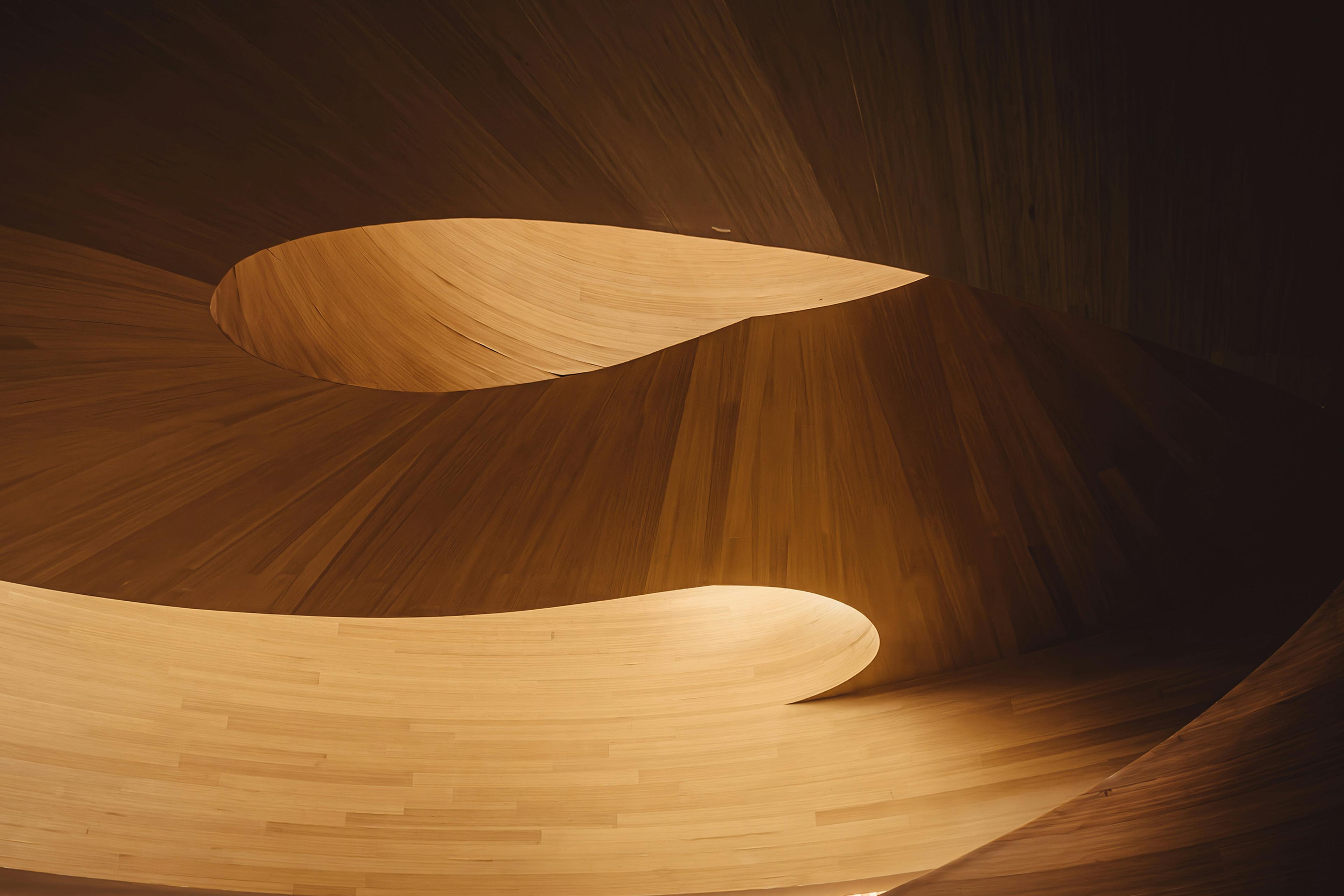 A spiral wooden staircase with soft lighting and curved design elements, creating a warm, flowing pattern.