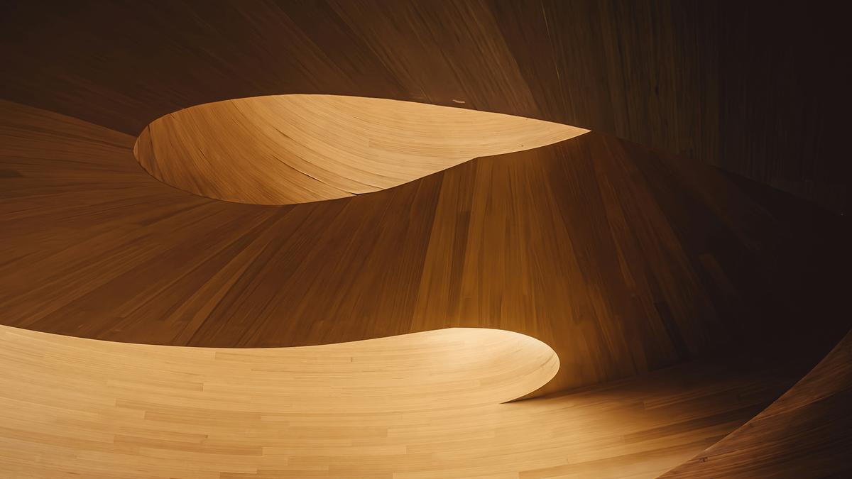 A spiral wooden staircase with soft lighting and curved design elements, creating a warm, flowing pattern.