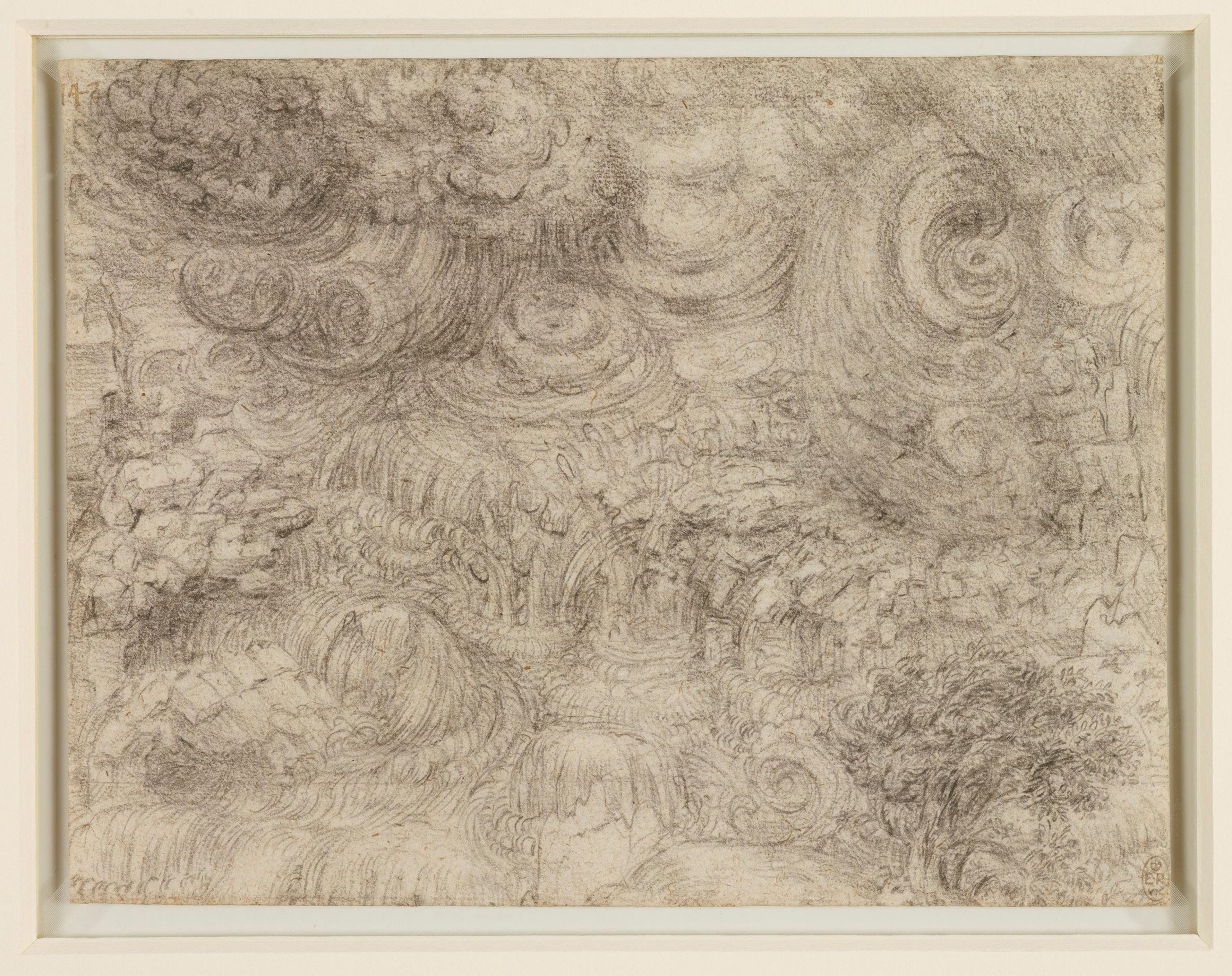Sketch of storm clouds in pencil, featuring swirling patterns and faint trees in the foreground, framed with a white border.